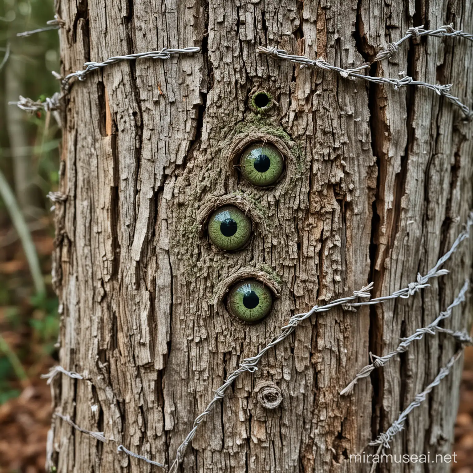 On this little piece of old and rotten wood resting on the forest ground, i see  three vertical green eyes that are watching me. Everywhere around the piece of wood is grimping a sort of barbed wire plant, that is trying to catch me.