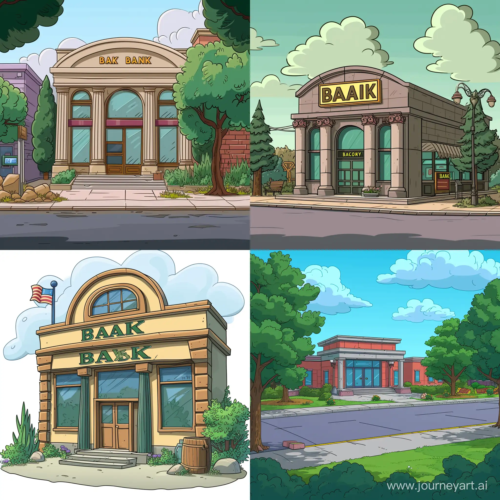a cartoon 2d illustration of a bank