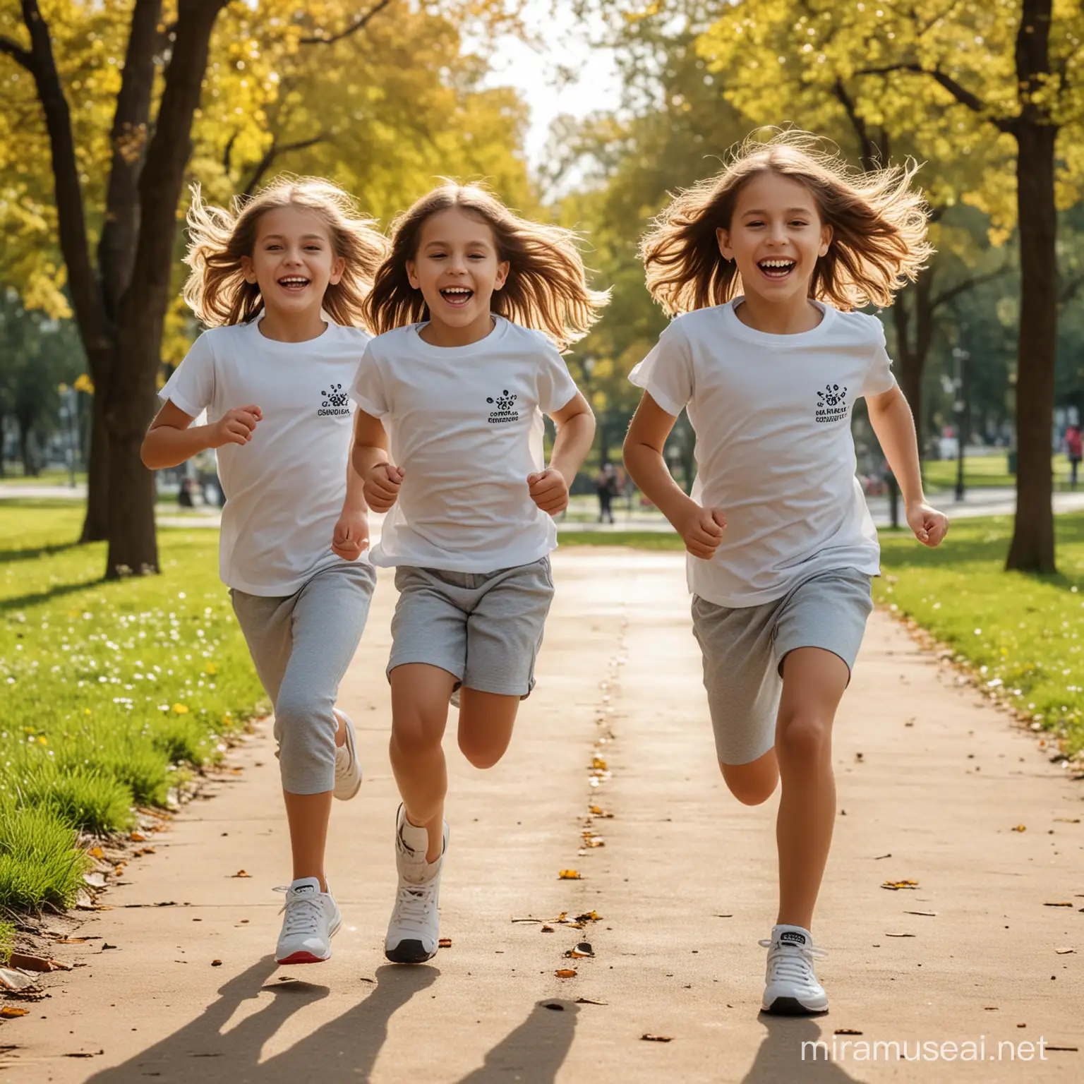 girls kids having fun wearing a crewneck tshirt runing in the park 
