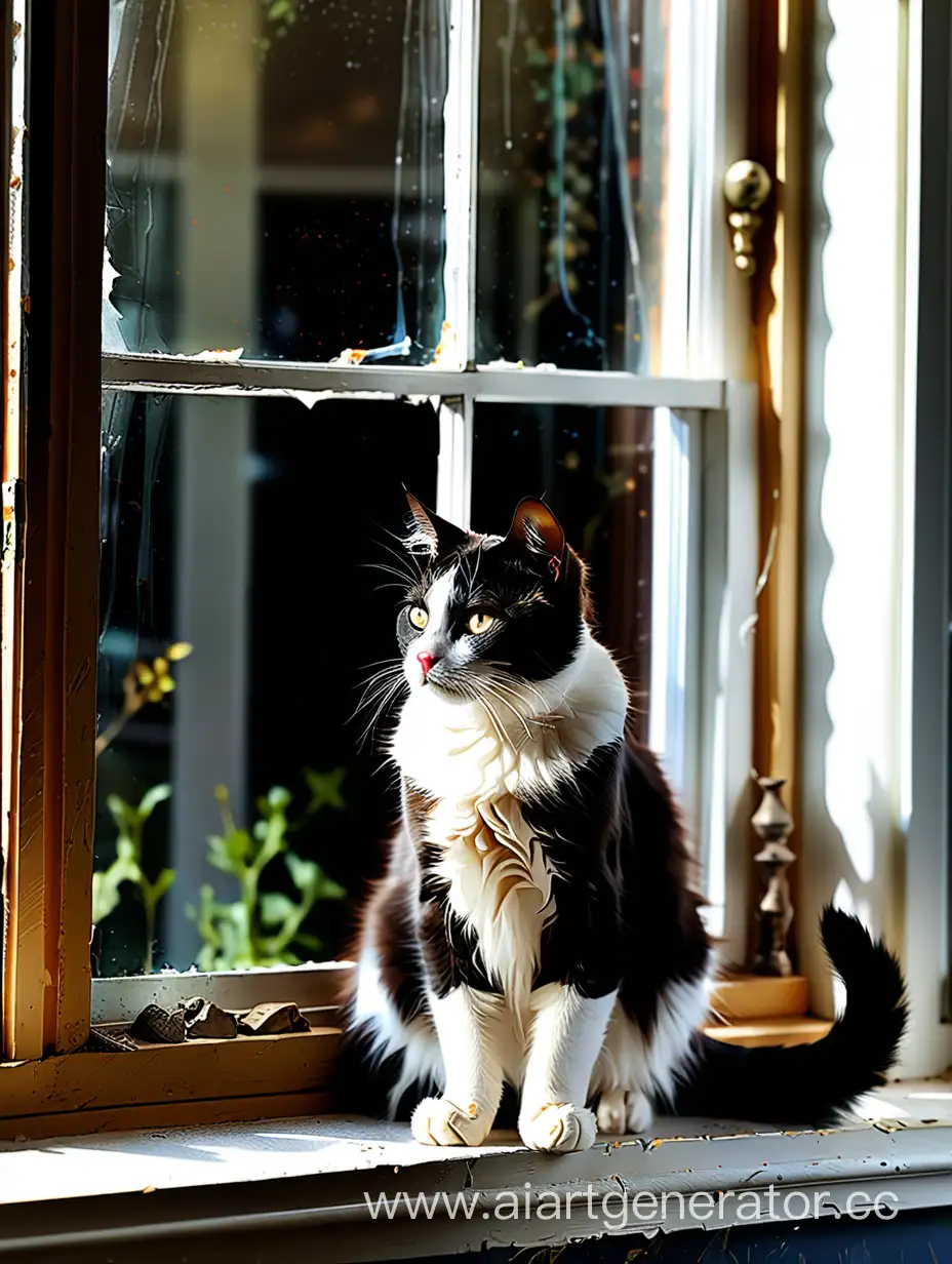 Кот на подоконнике изнутри дома, стиль некачественного фото с приближением для объявления о пропаже