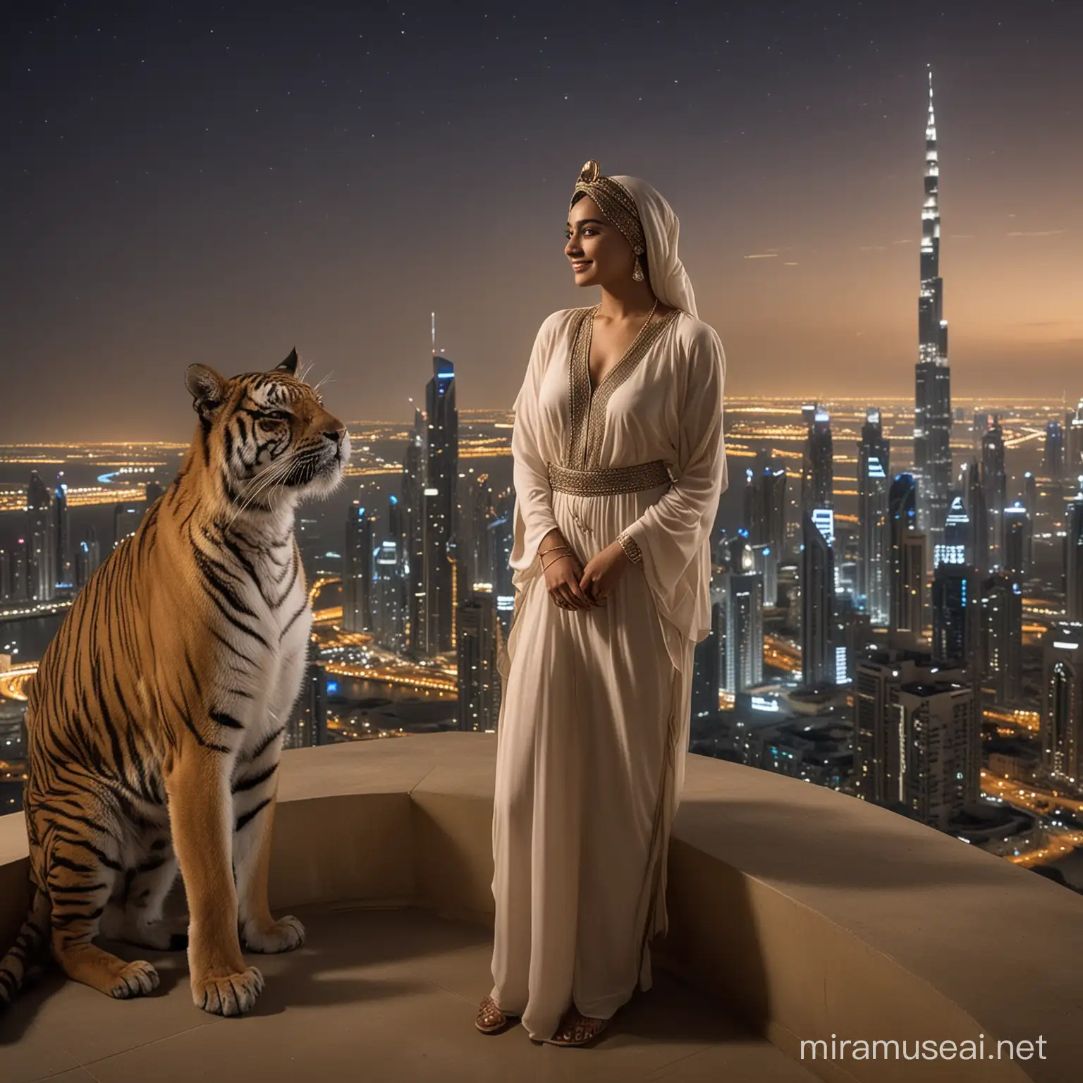 on the roof of a high-rise building, a penthouse loggia, a young Emirati woman stands at ease, a national modern outfit, an elegant turban, a large tiger next to her, the woman smiles slyly, the Dubai skyline is visible behind her. night, and the stars are clearly visible
