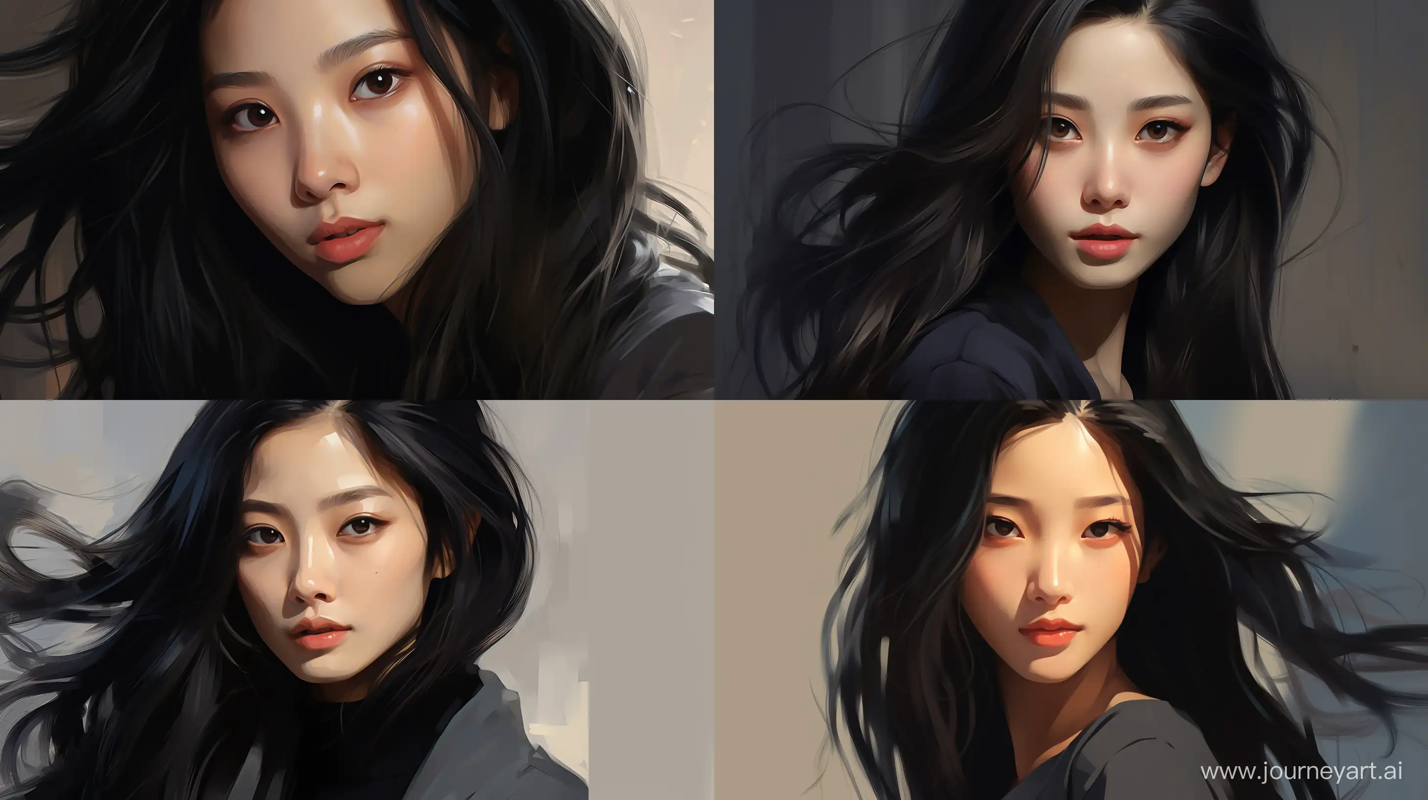 smart-looking asian supermodel with black hair and black eyes, hyper-realistic, aesthetic study background, pixar style --ar 16:9