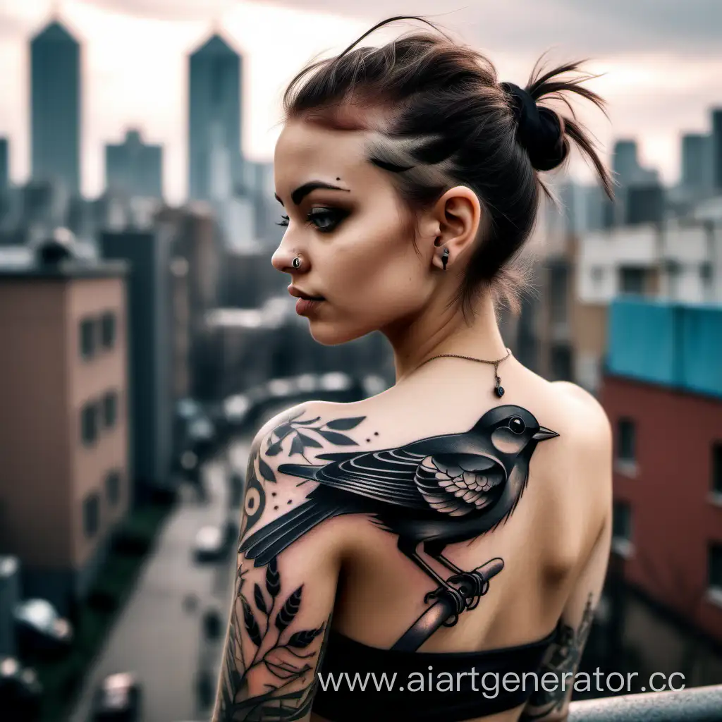 A black tattoo with a small bird on a girl. The girl stands against the background of the urban environment in beautiful clothes