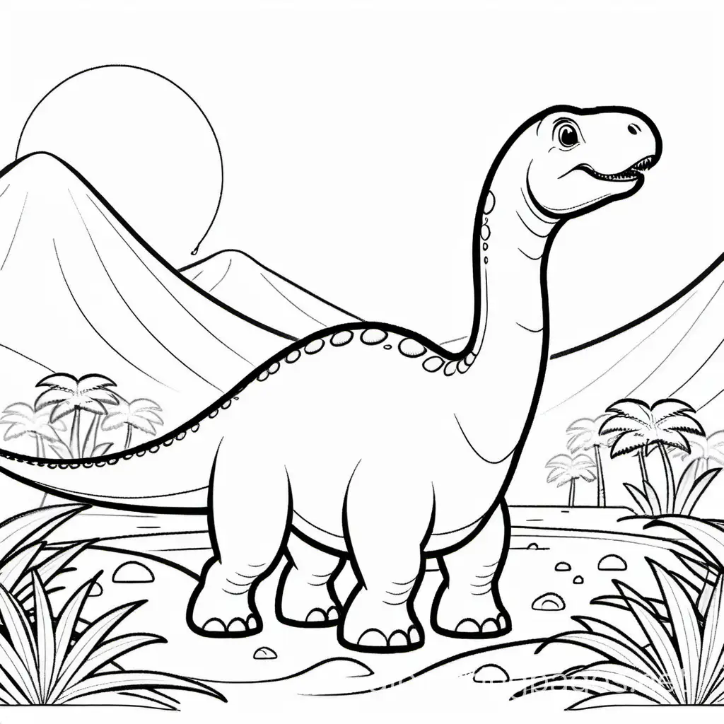 Apatosaurus Dinosaur, prehistoric background only line drawing without color , Coloring Page, black and white, line art, white background, Simplicity, Ample White Space. The background of the coloring page is plain white to make it easy for young children to color within the lines. The outlines of all the subjects are easy to distinguish, making it simple for kids to color without too much difficulty
