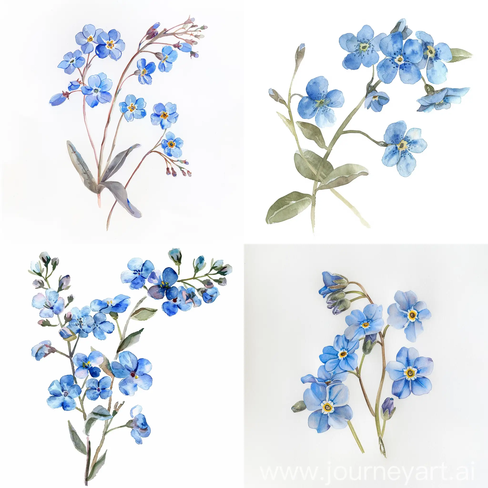watercolor wildflower, forget me not, on white background, soft handpainted, detailed, pretty