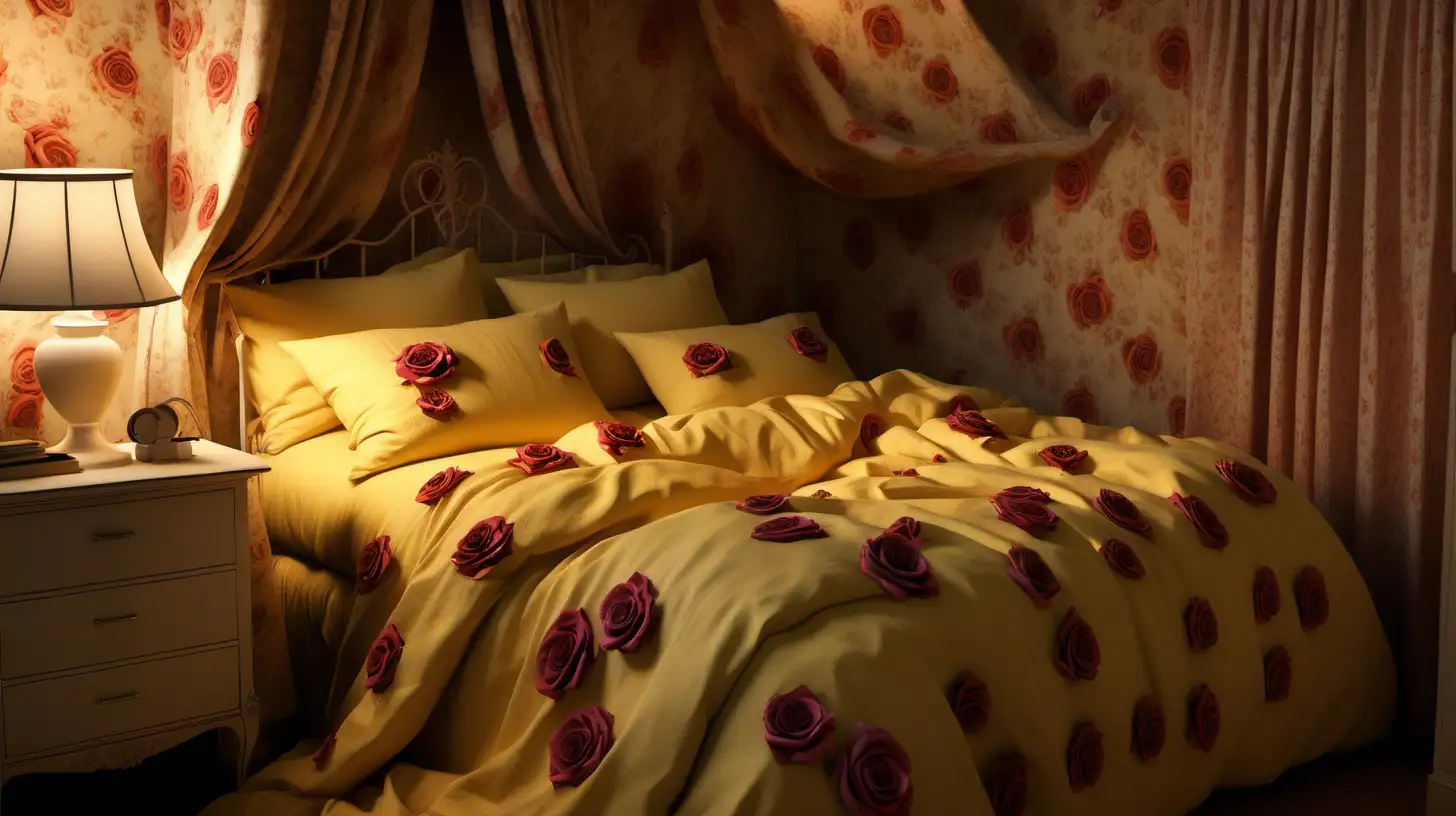 photo-realistic. dimly lit, yellow bedroom with chaotic rose-patterned bedding. 