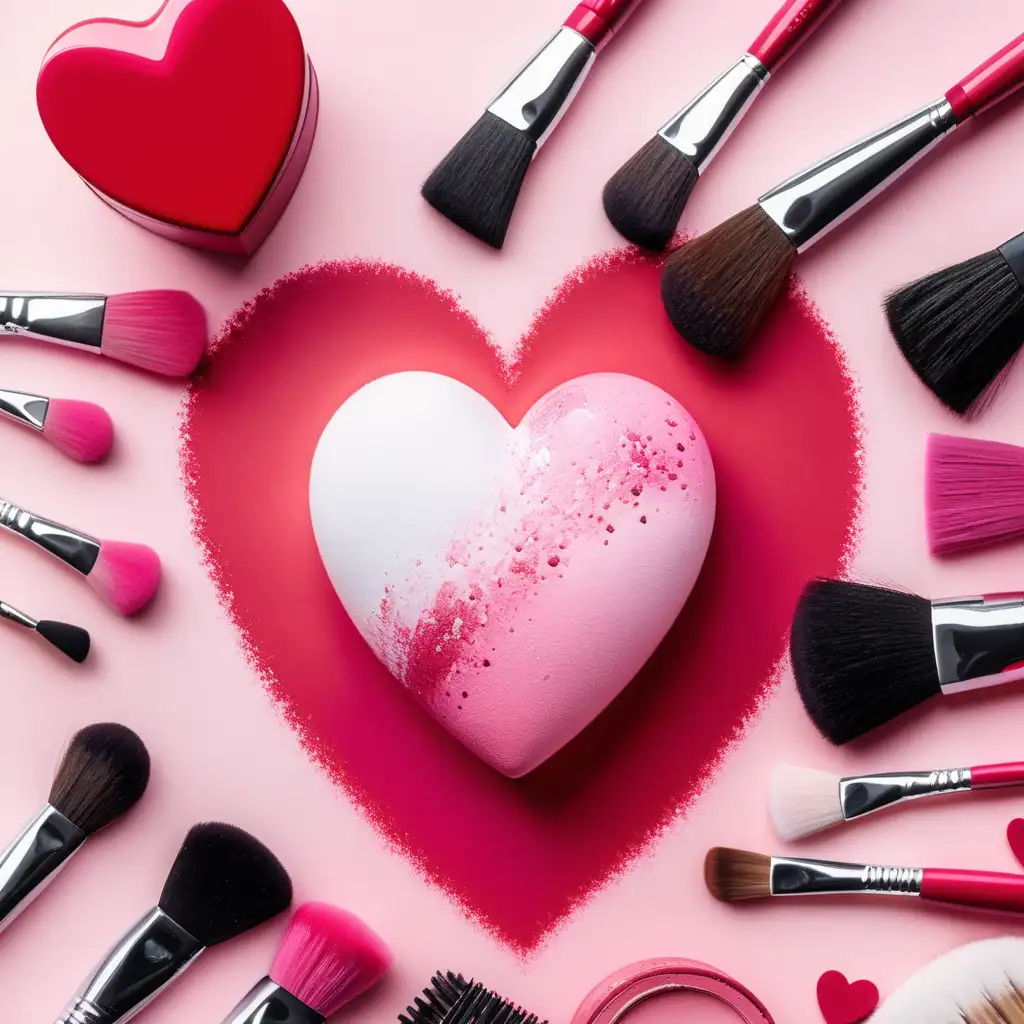 Romantic Red Heart Surrounded by Elegant Pink and White Makeup Brushes
