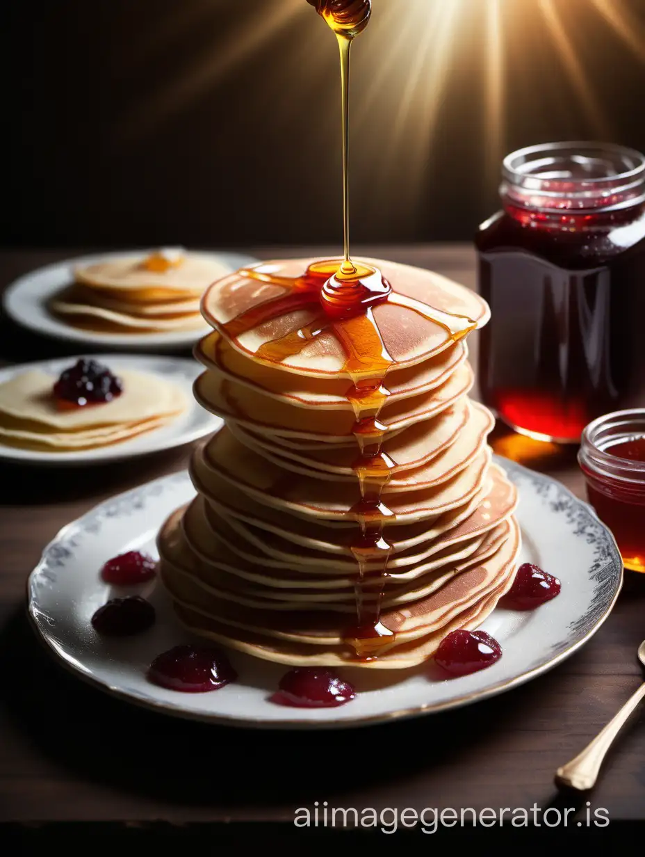 Stack of thin pancakes, jam, honey, beautiful light, stil life