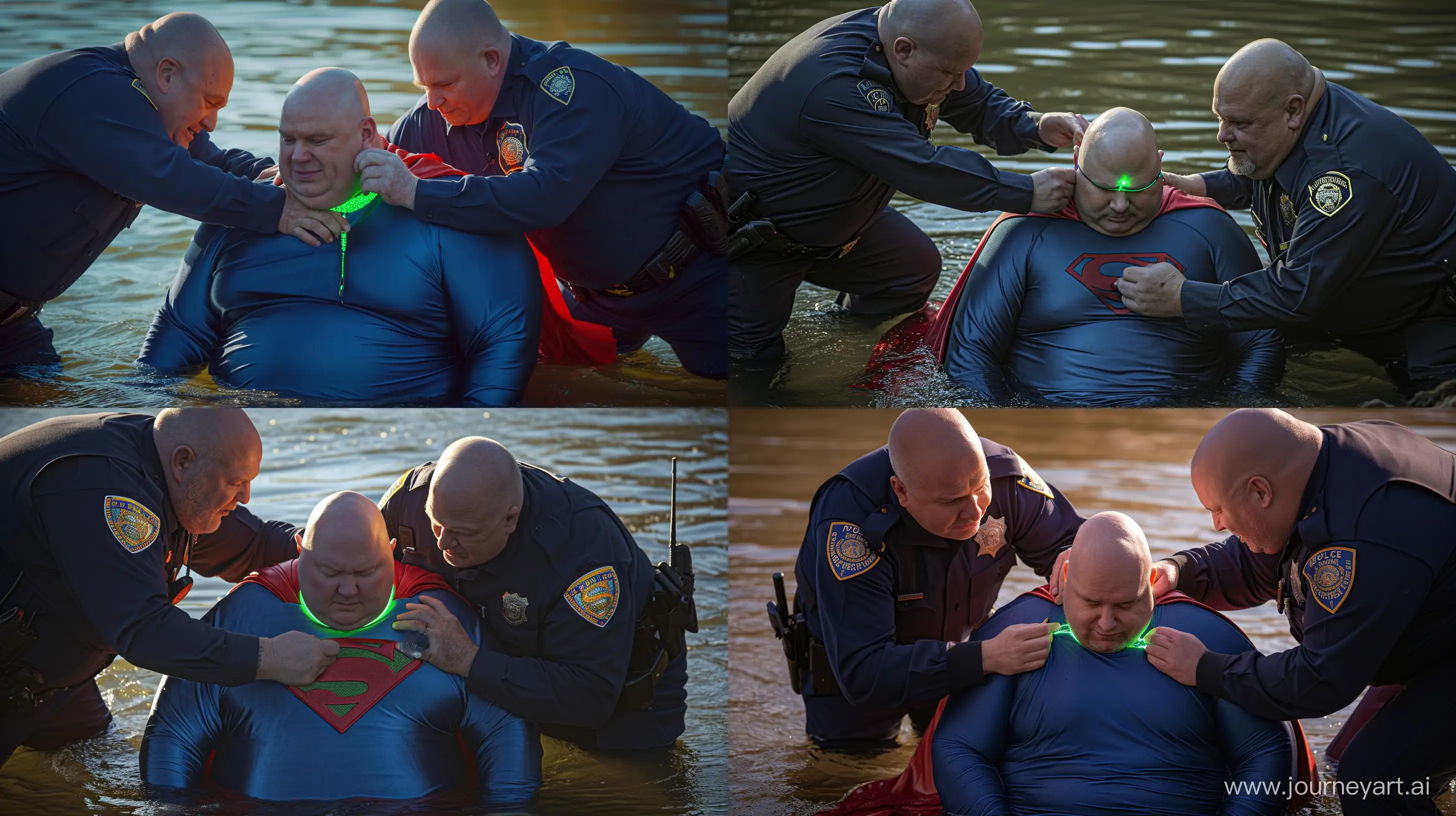 A closeup photo of two chubby man aged 60 wearing a long-sleeved navy police uniform, bending behind and tightening a green glowing small short dog collar on the nape of another chubby man aged 60 sitting in the water and wearing a tight blue silky superman costume with a large red cape. River. Natural Light. Bald. Clean Shaven. --style raw --ar 16:9 --v 6