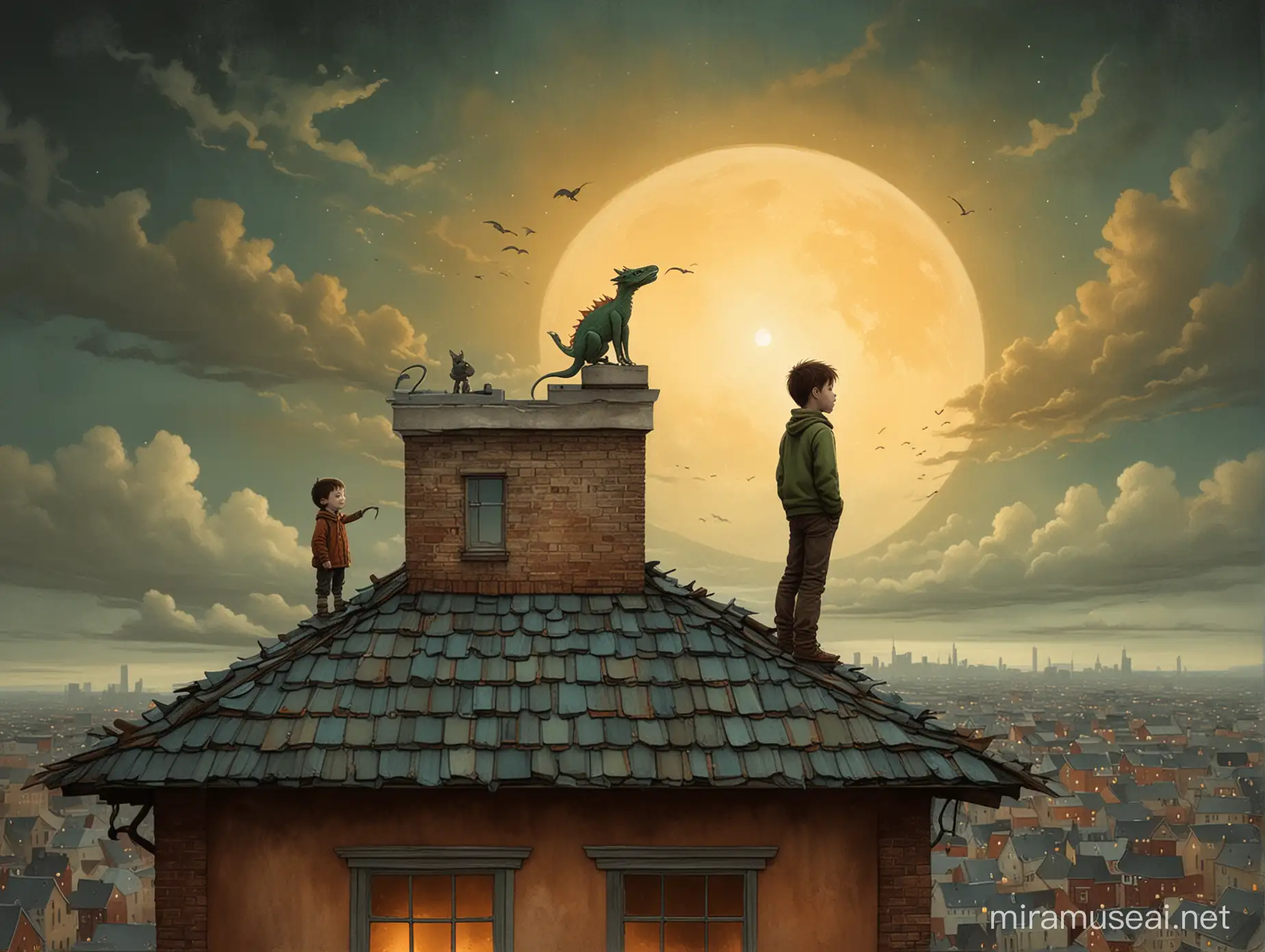 one boy and one little dragon on the roof of a house in a modern city, Andy Kehoe style