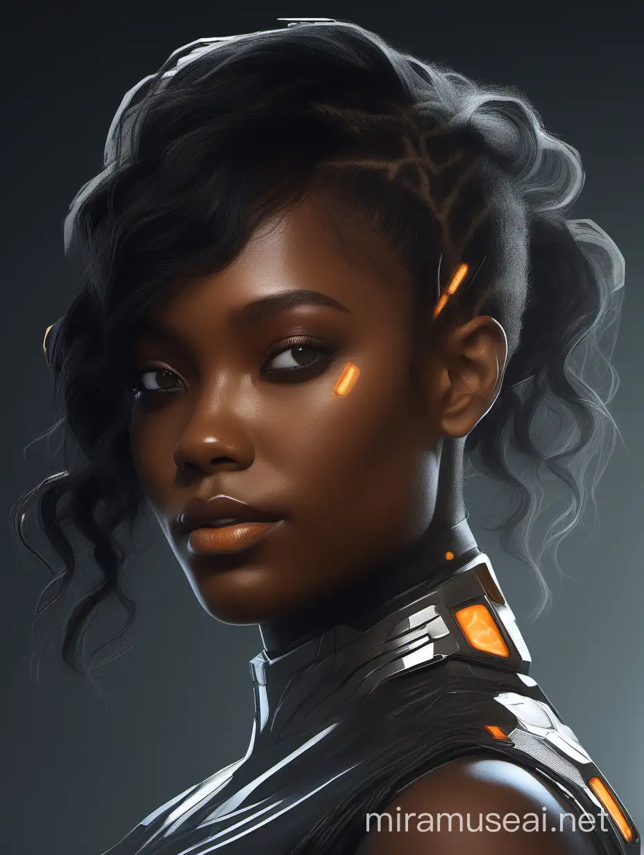 Futuristic Cybernetic Portrait of Young Ebony Woman with Orange Accents