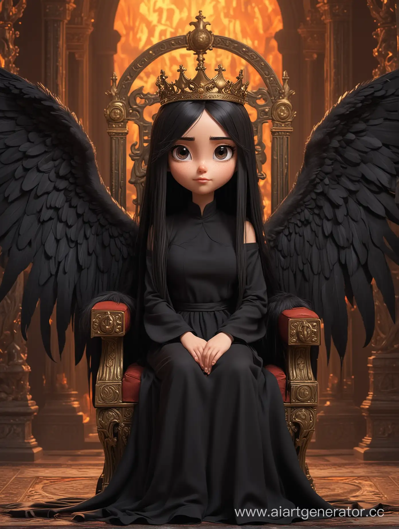 Девушка из мультика,одетая во всё черное,с длинными прямыми волосами,имеющая крылья,сидит на троне,а на фоне был ад