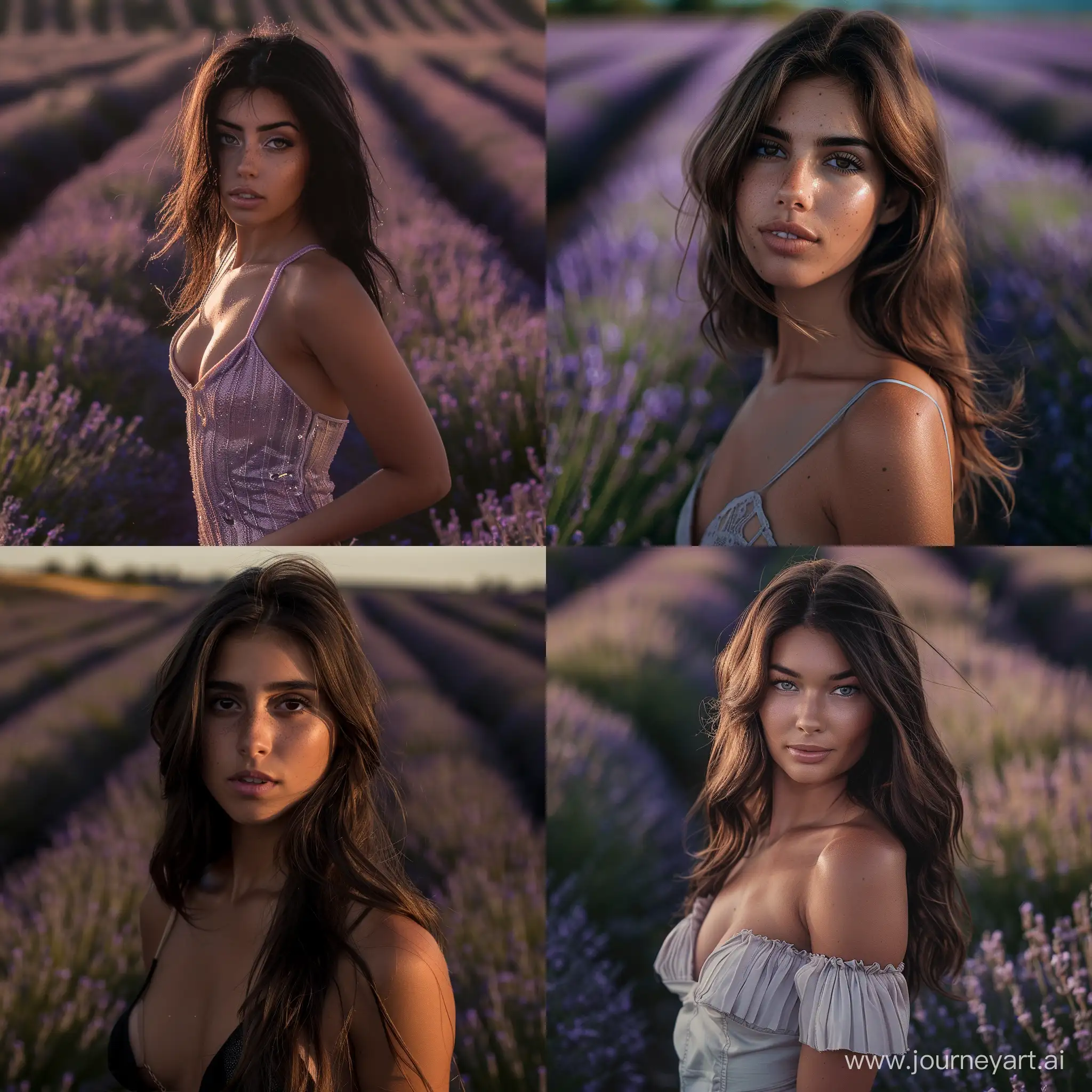 hour glass physique, brunette model that dose not exist in real life, standing in a lavender field, slight smirk