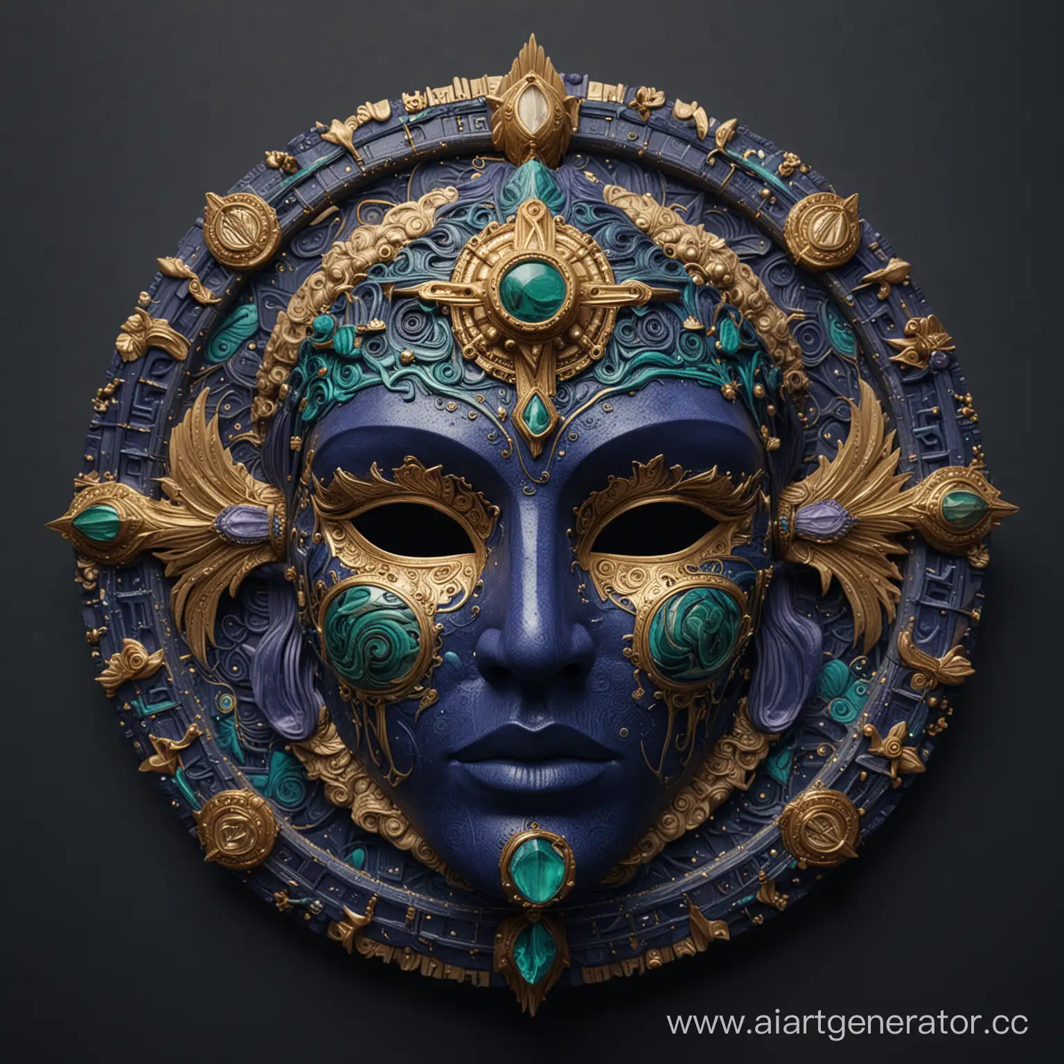 Интерьерная маска знака зодиака Водолей, символичная, сложно выполненная со множеством деталей и фактур. Выполнена в темно- синем, пурпурном, малахитовом, бежевом, золотом цветах