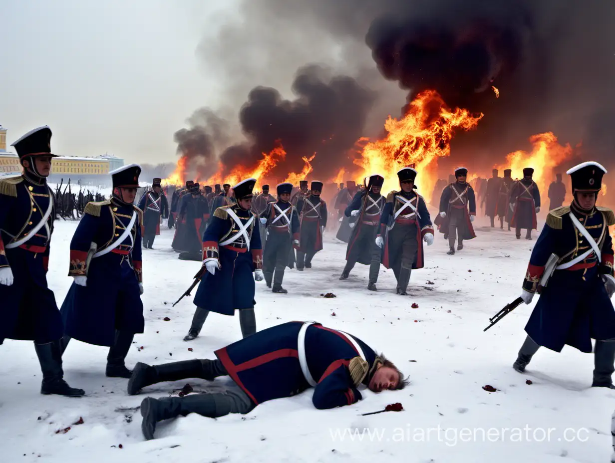Солдаты Суворова бьются ожившимися мертвецами. Место происходит 1814 года горящем Москве