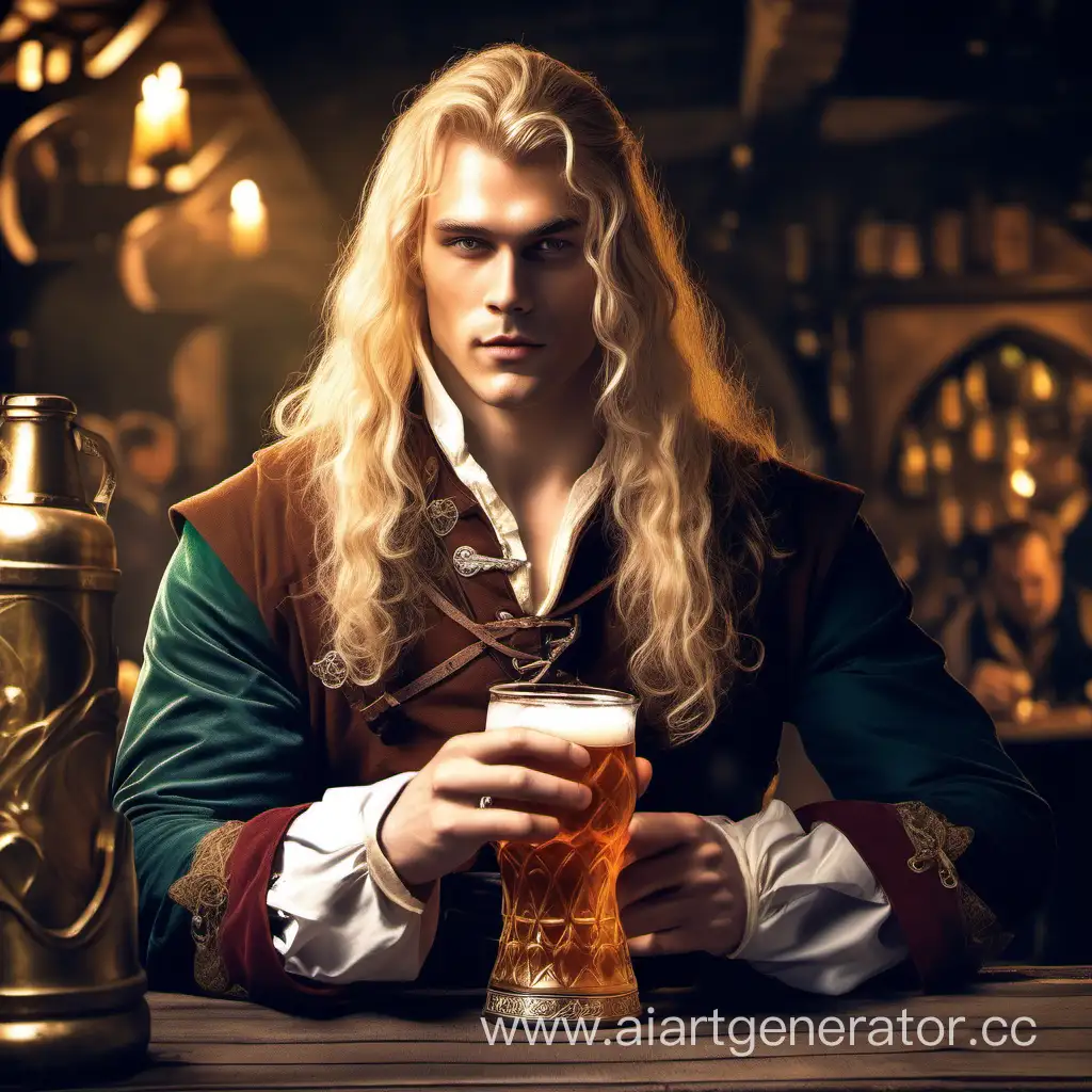 noble, young man, tall, beautiful long hair, blonde hair color, baron, human, fantasy, drinking ale from the pint, in tavern, gorgeous medival clothes, expensive medival clothes,epic fantasy