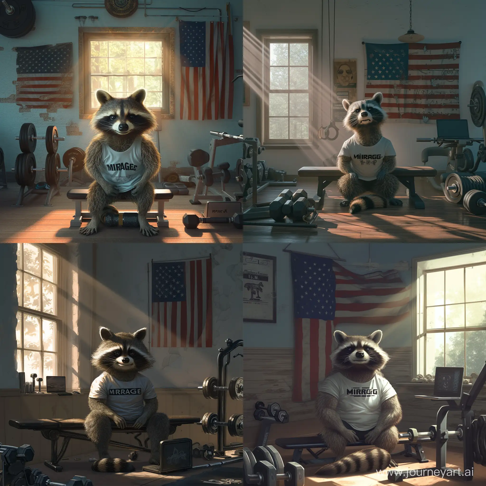 Create 800x800 images. The action takes place in a gym. In the centre of the image a pumped up raccoon is sitting on a bench, behind him on the wall of the gym hangs a US flag. The raccoon is wearing a T-shirt that accentuates his muscles, the T-shirt is white in colour and has the black inscription "MIRAGE" on it. On the right side of the photo there is a window from which rays of light fall directly on the raccoon, under the window there are dumbbells. The raccoon is sitting in the pose of Arnold Schwarzneger. The raccoon is smiling and has a kind look. There is a barbell and a laptop near the raccoon