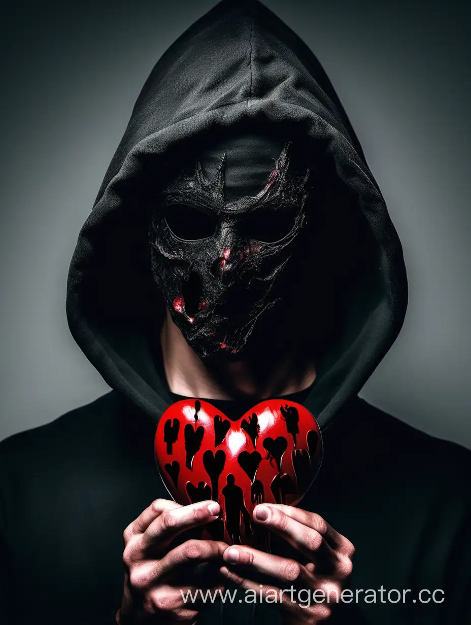 A young man in a black hood holds black masks in front of his face depicting different emotions, hes holding bloody heart, high detail