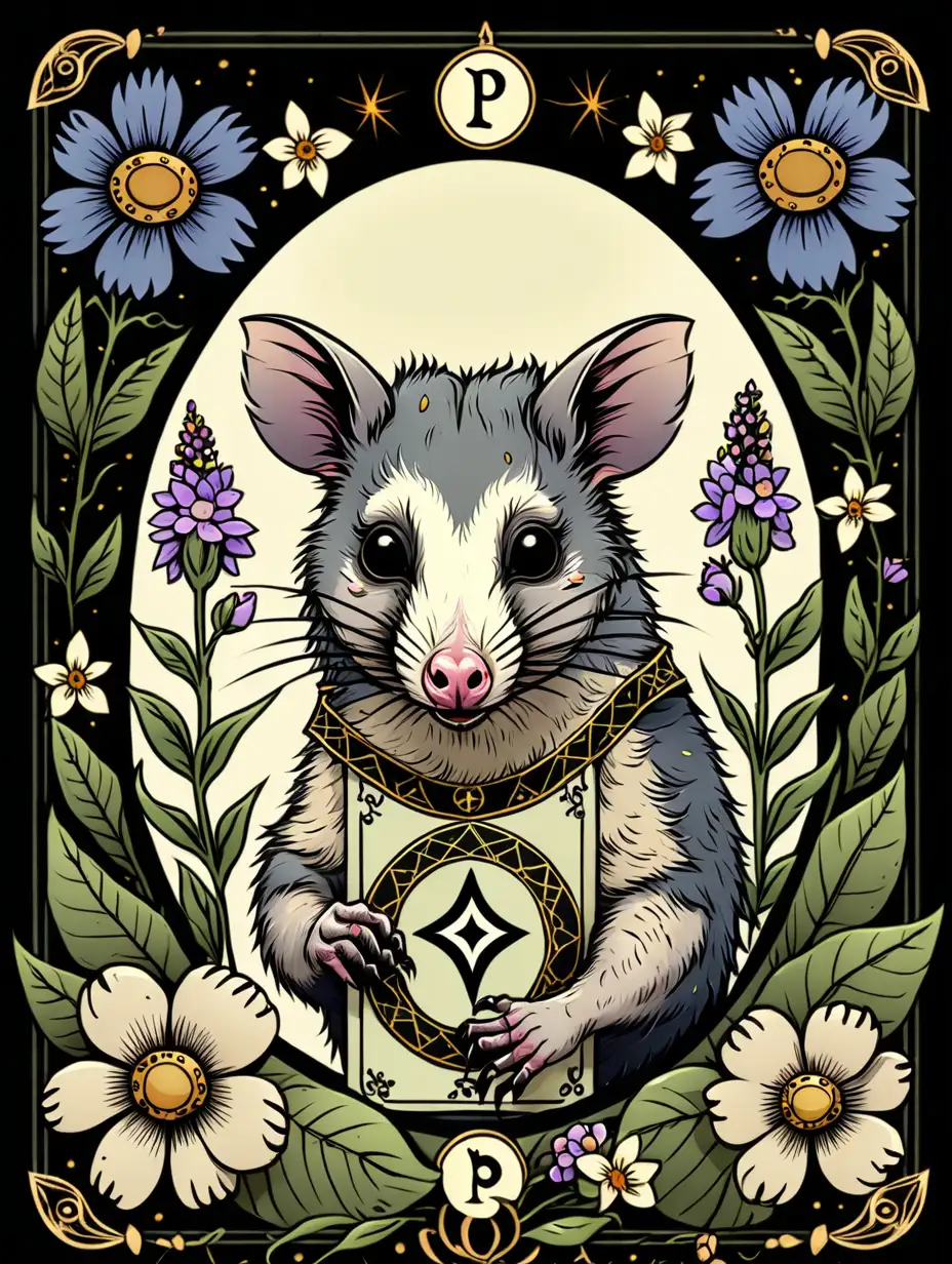  possum, tarot card illustration, with flowers, 
