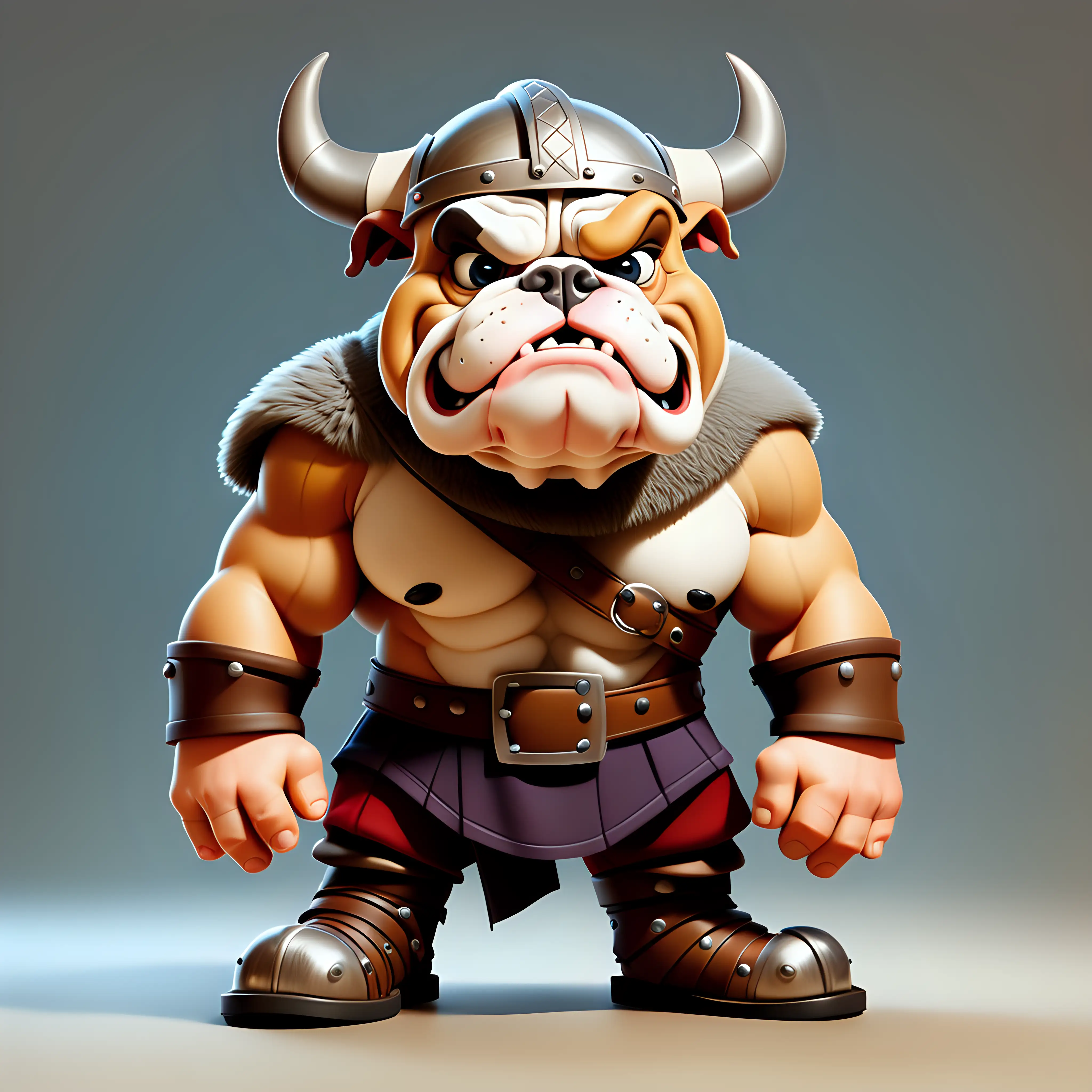 illustrate a bulldog with two foot in cartoon style with viking clothes with with Viking helmet boots with clear background