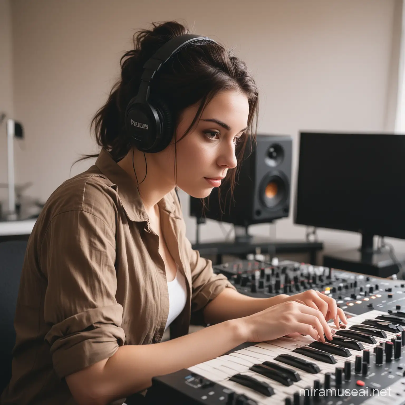 Young Woman Studying Music Production with Dark Brown Hair