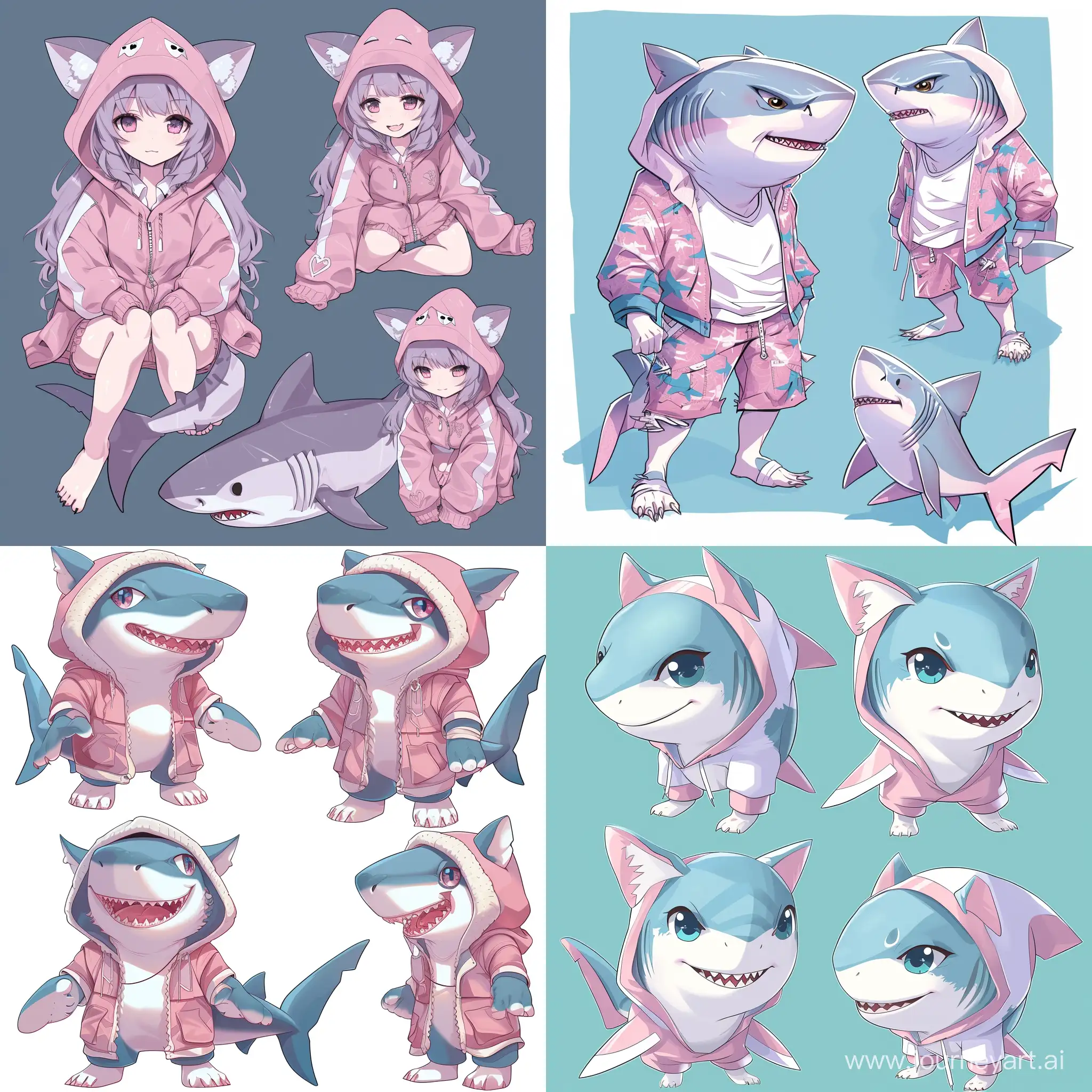 furry character, shark, anthro, cute, anime, chibi, digital art, character reference, character design, aesthetic, multiple angles, gyaru clothing
