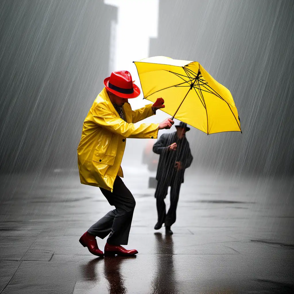 man dancing in the rain wearing trilby hat, long yellow rain jacket and carrying red umbrella 