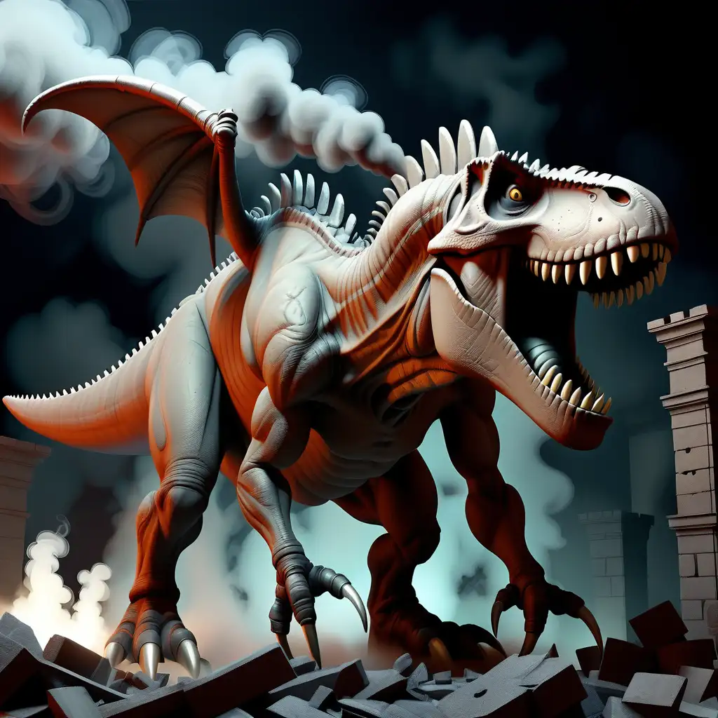 nighttime. tyrannosaurus rex with horns and spikes. full body. dystopian ruins. smoke. big claws. wings. 