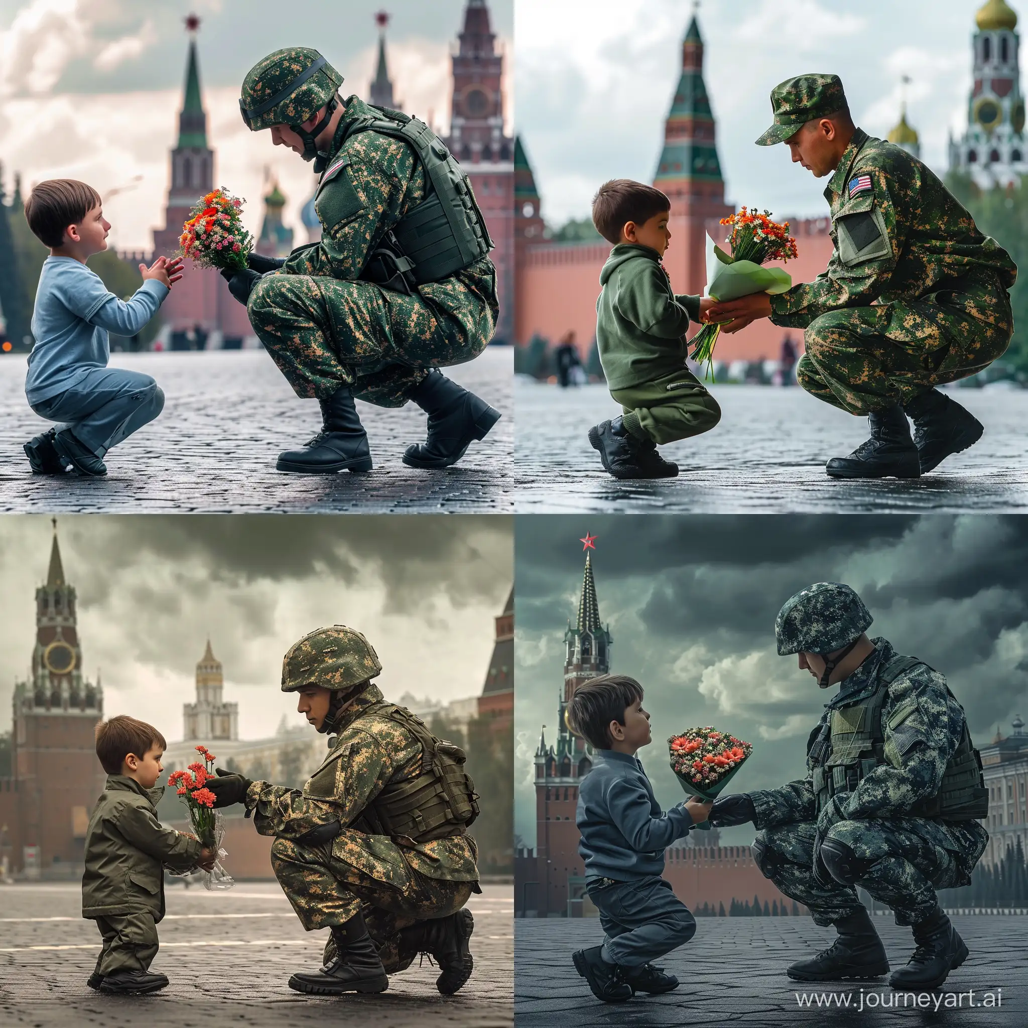 Russian-Soldier-Gifting-Flowers-to-Little-Boy-at-the-Kremlin