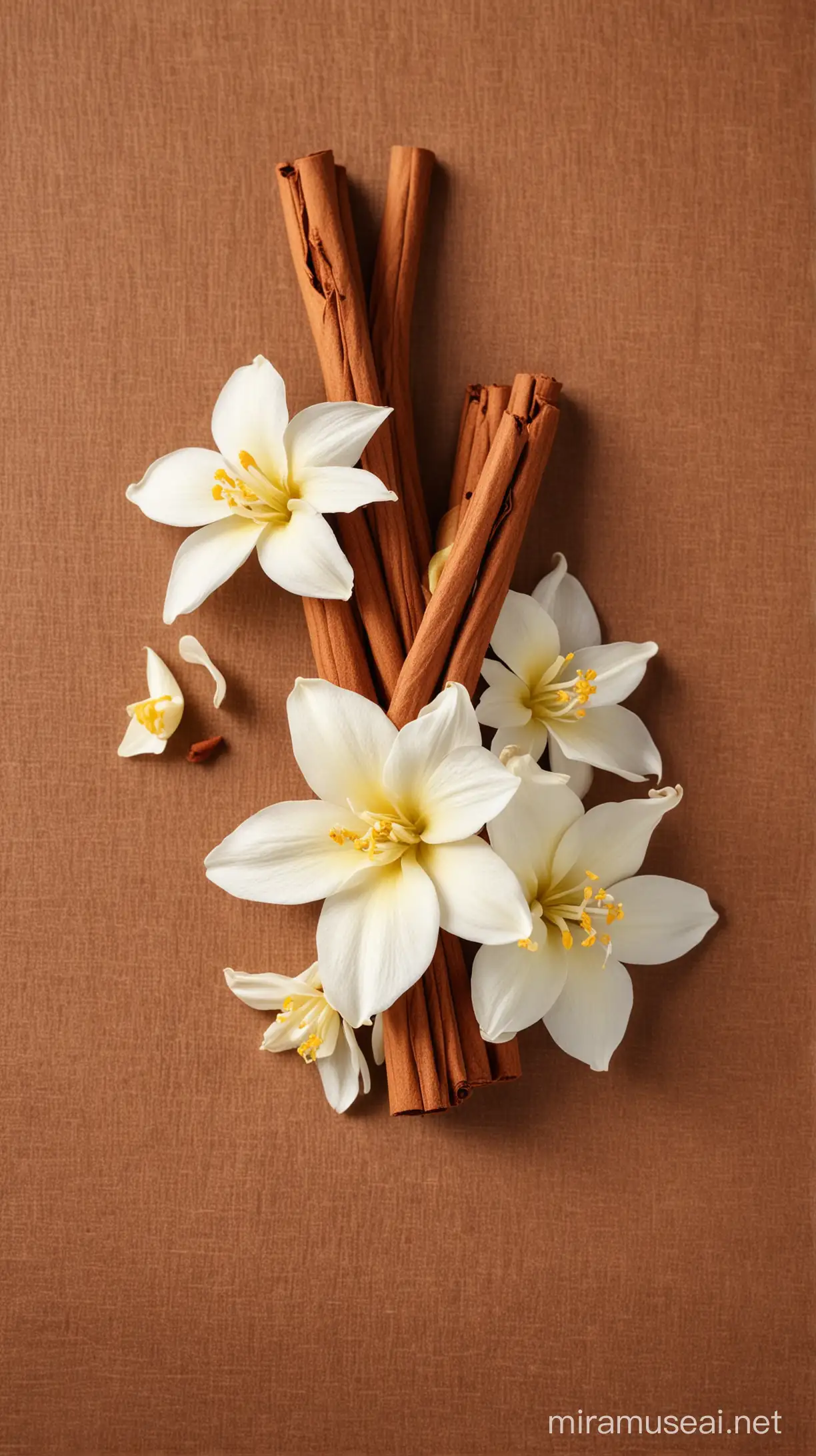 Delicate Vanilla Flowers with Cinnamon Background Elegant Ad Aesthetics