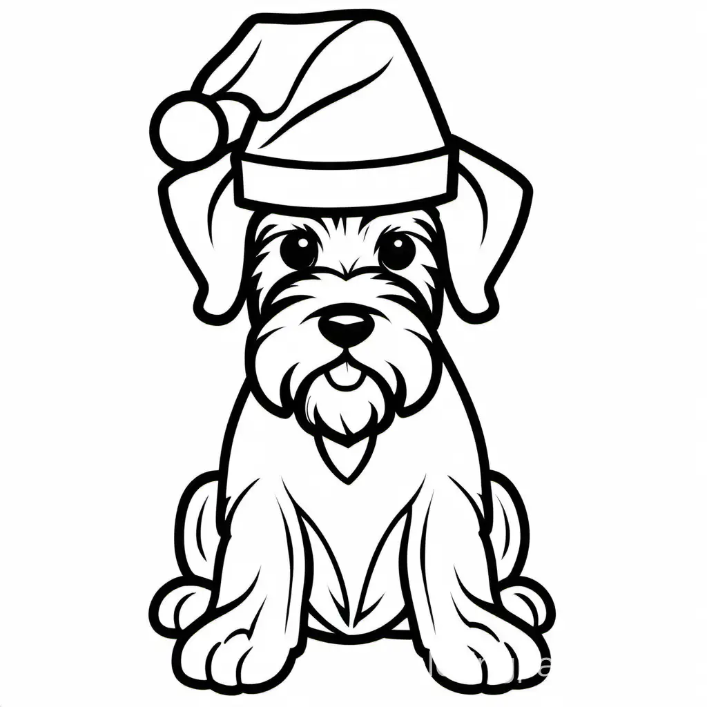 schnauzer christmas hat, Coloring Page, black and white, line art, white background, Simplicity, Ample White Space. The background of the coloring page is plain white to make it easy for young children to color within the lines. The outlines of all the subjects are easy to distinguish, making it simple for kids to color without too much difficulty