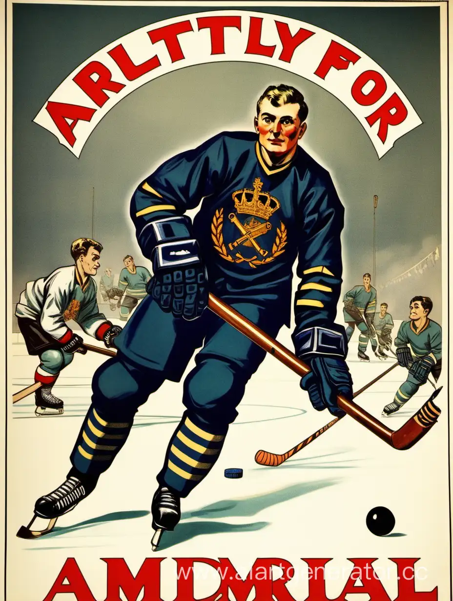 Плакат с надписью «Артилерия за Адмирал», на заднем плане плаката эмблема хоккейного клуба Адмирал, на переднем плане хоккеист в военной форме который ударяет клюшкой по артилерискому снаряду