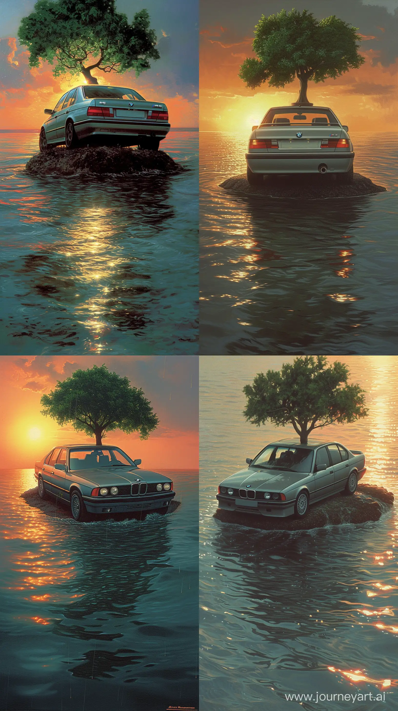 Painting byIvan Aivazovsky, car on top of a very Small Island in the middle of the Sea, Green Tree Back car, BMW M5 1991, Light Car On, Details of the car gray, Sunset, Realistic Sunlight Reflections on the Sea, High Precision --ar 9:16 