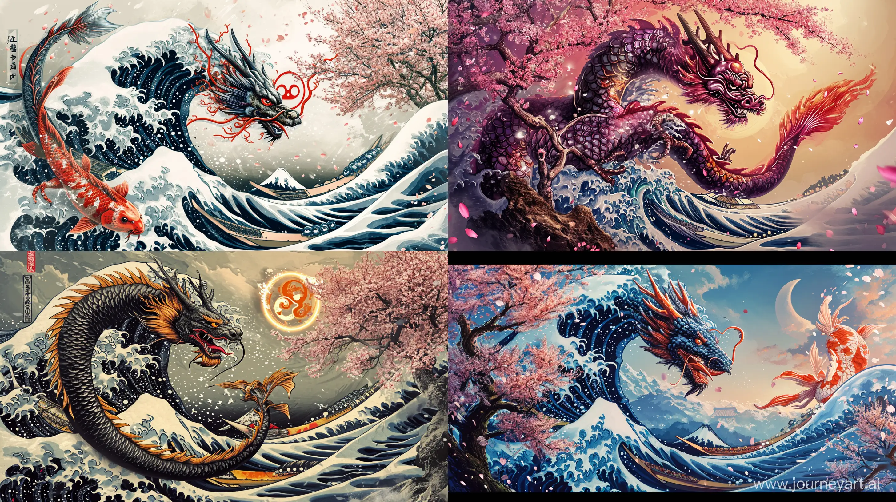  japanese dragon that is japanese style such as wave, koi fish, ying yang, with bakcgound sakura tree in 4k --v 6.0 --ar 16:9
