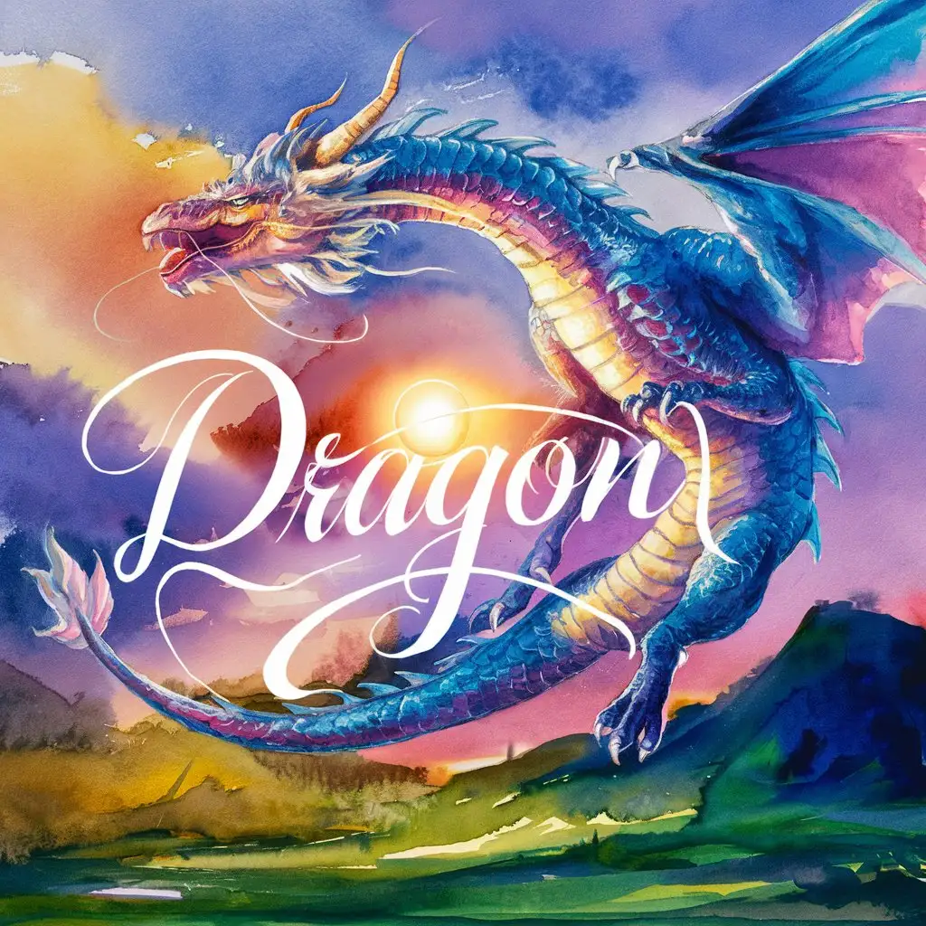 Colorful Watercolor Painting of a Majestic Dragon with Dragon Text