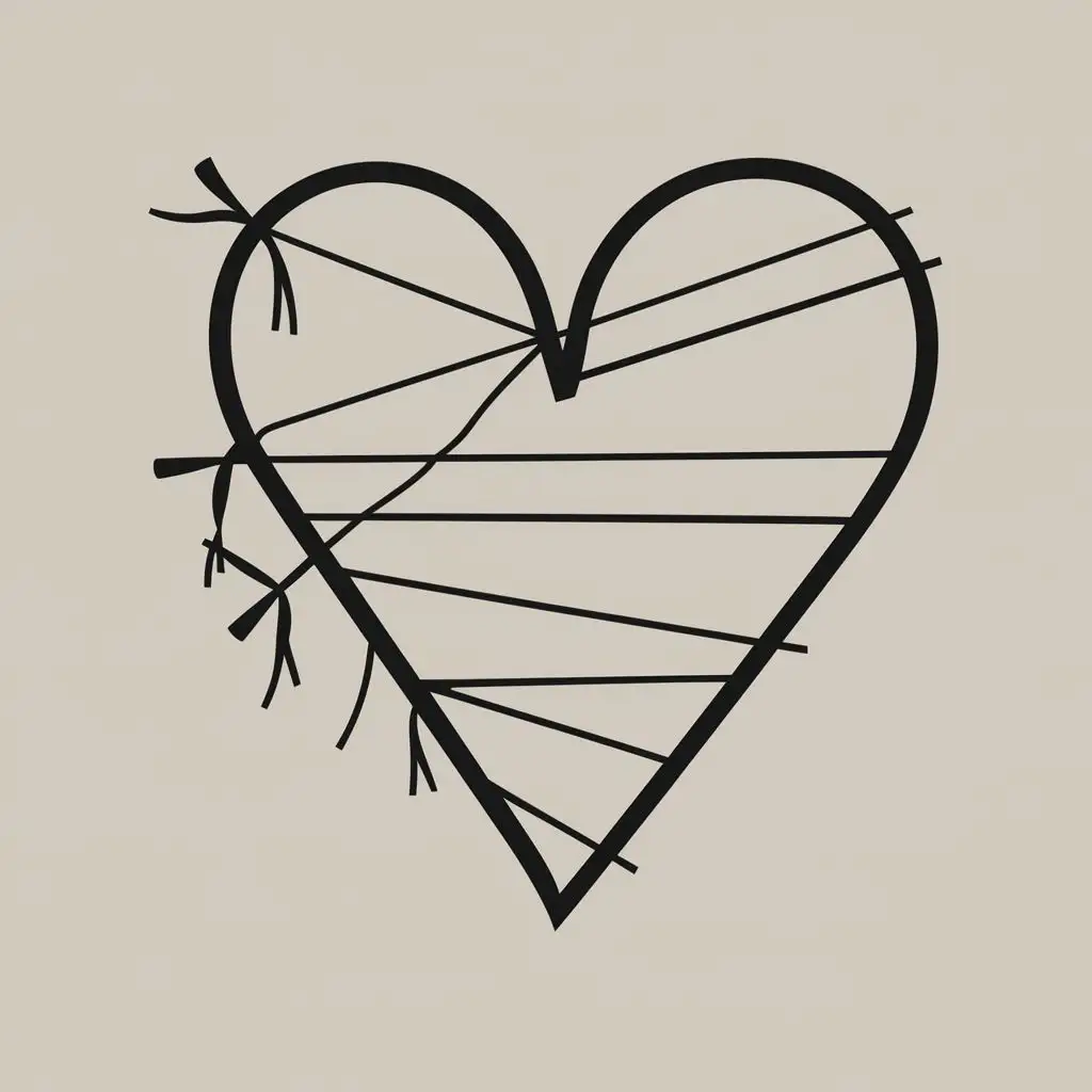 Design a minimalist image of a heart made of strings, with some strings cut loose and others still tied, representing the delicate balance between holding on and letting go in love, the design is perfect for t-shirt