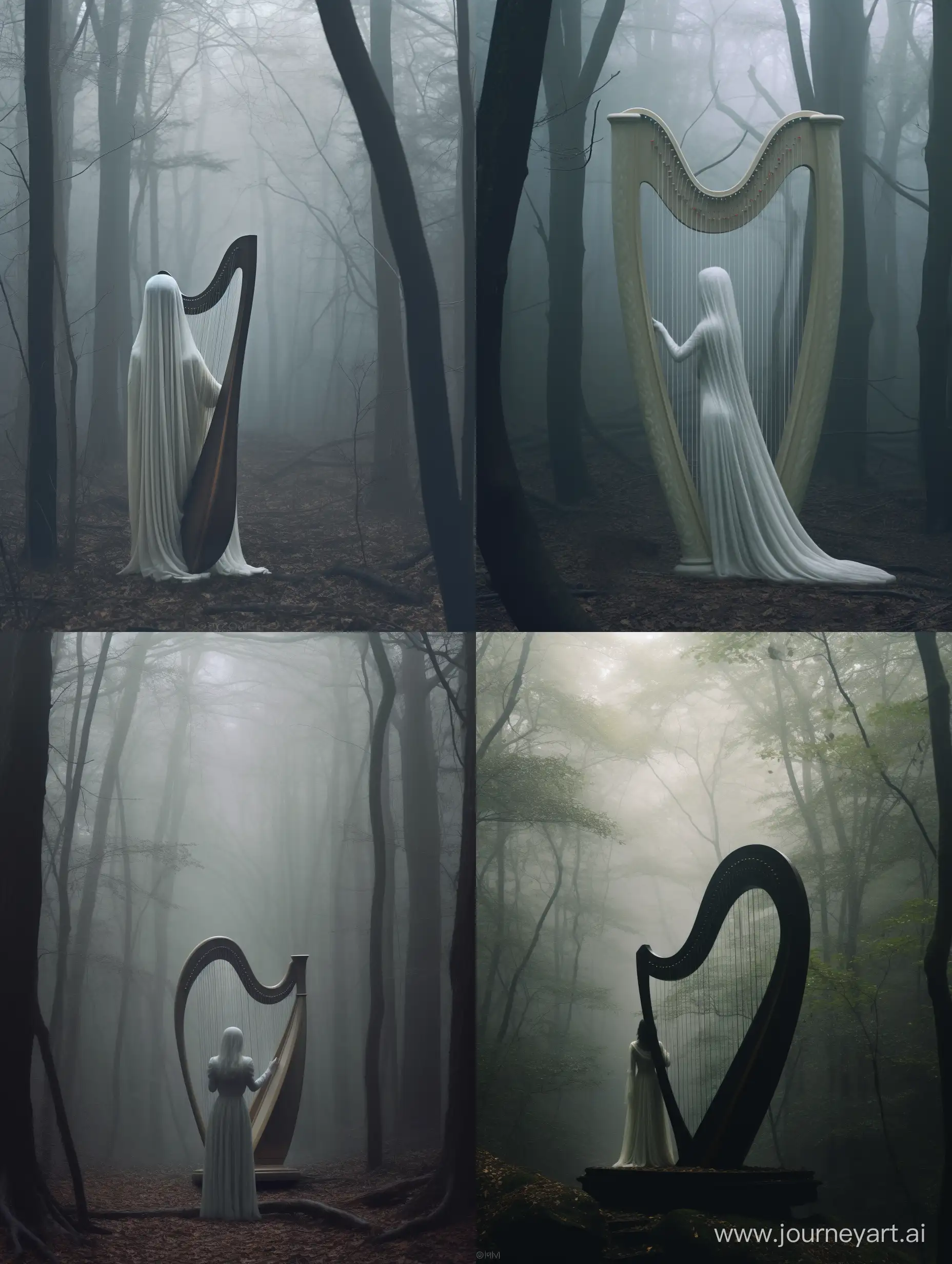 An ethereal figure playing a large harp in a creepy minimalistic forest. Hyper real, hassleblad