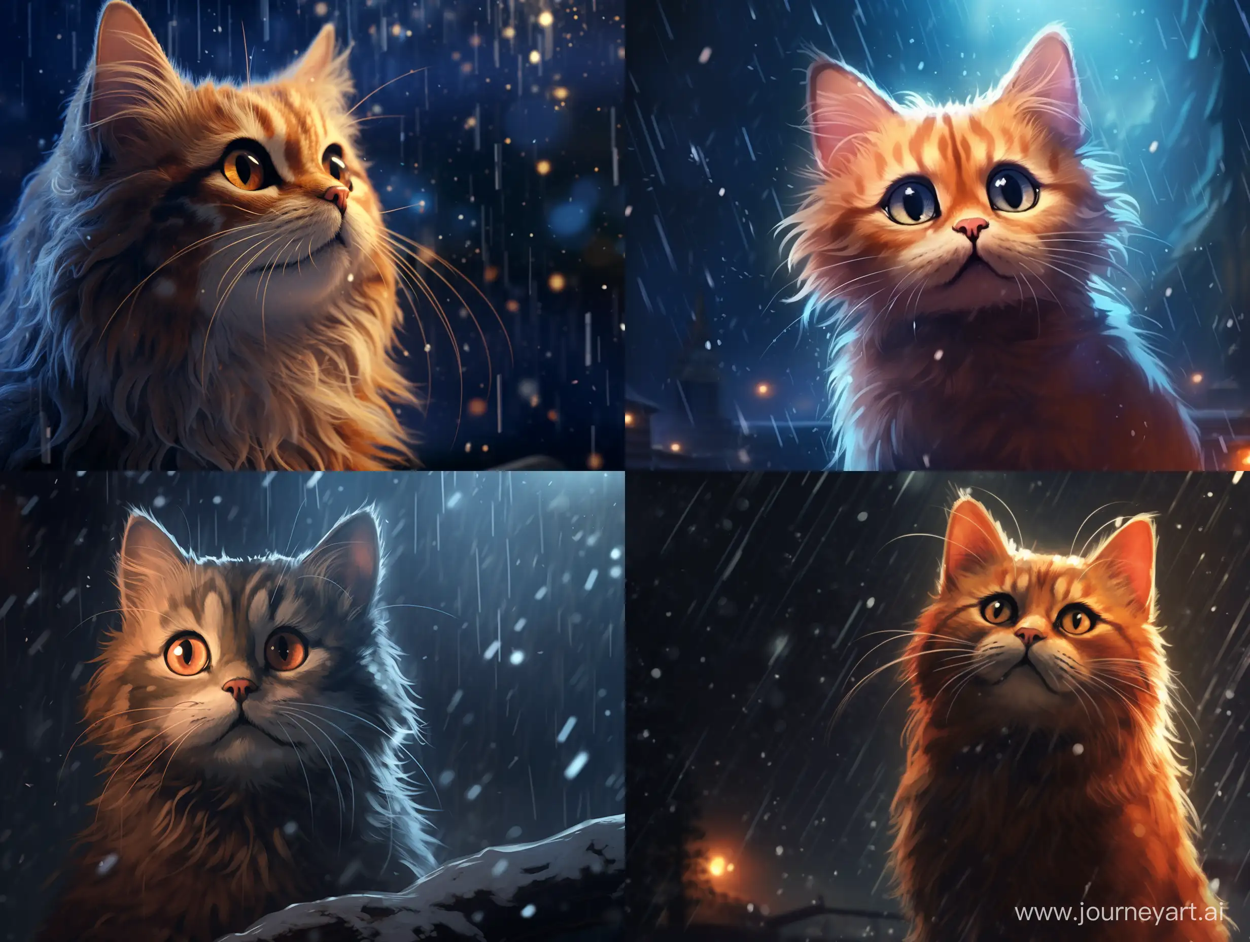 A cat with big fiery eyes catches snowflakes