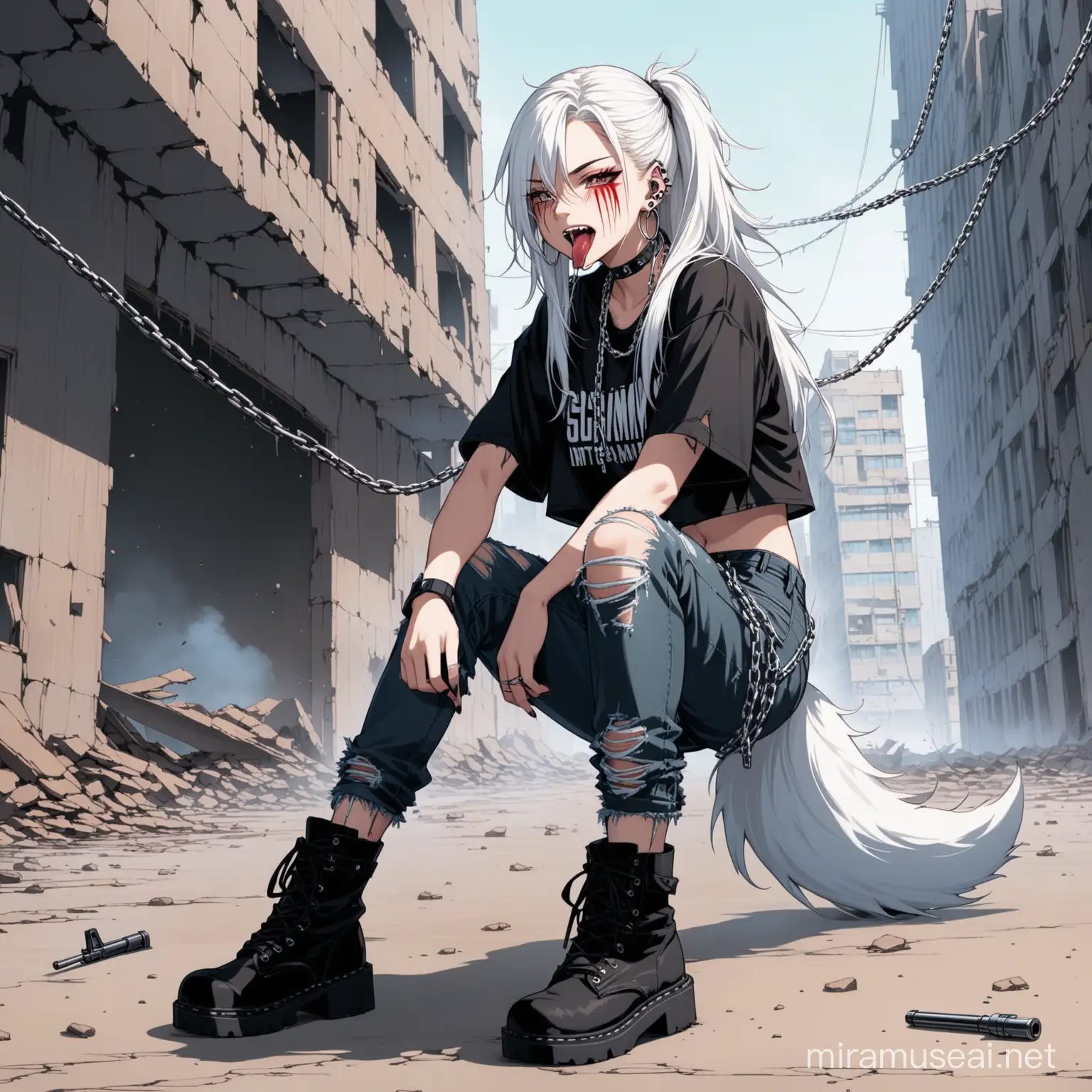 happy and depressed at the same time, not social, lazy, not too high crop top, black ripped baggy jeans with a chain, multiple piercing in ear and 1 in tongue, wearing black army boots with heel, white hair in a wolf cut, half up half down with a red streak, black face marking on left side of face, 18 yr old girl, in front of a falling down building holding a gun