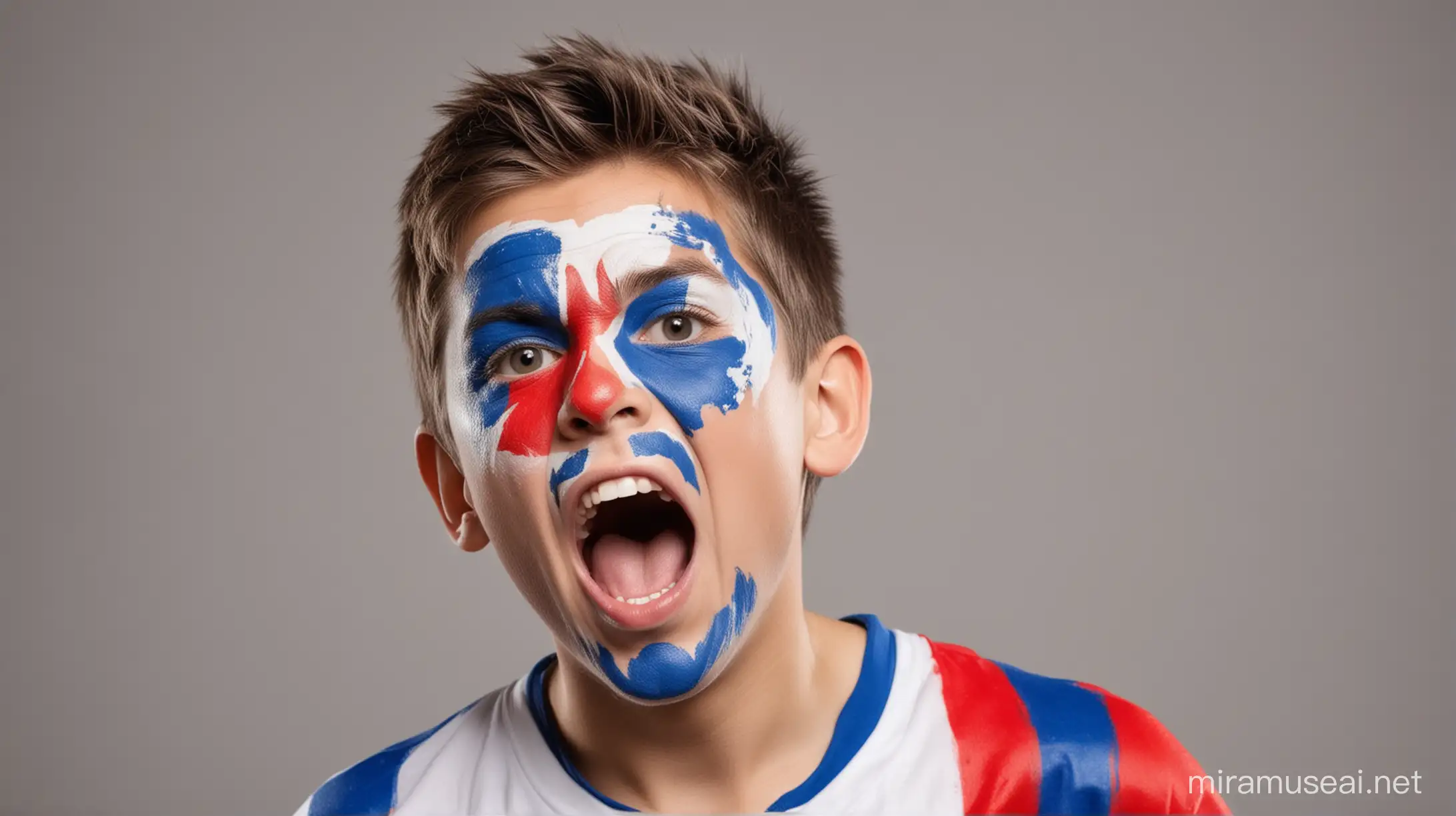Super soccer fan, painted face, shouting full boy standing isolated 