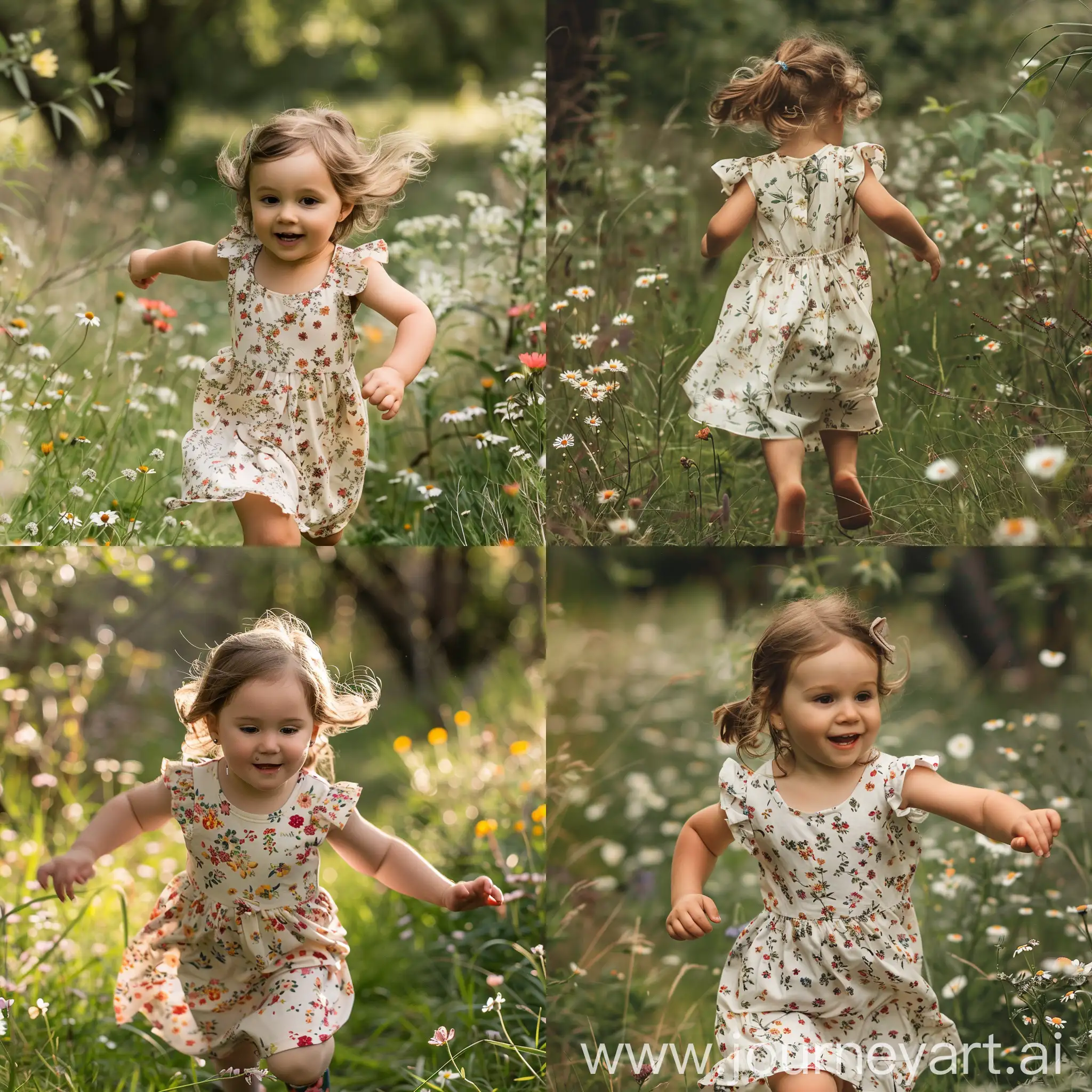 花草从中 奔跑的  可爱的  穿首碎花群的小女孩