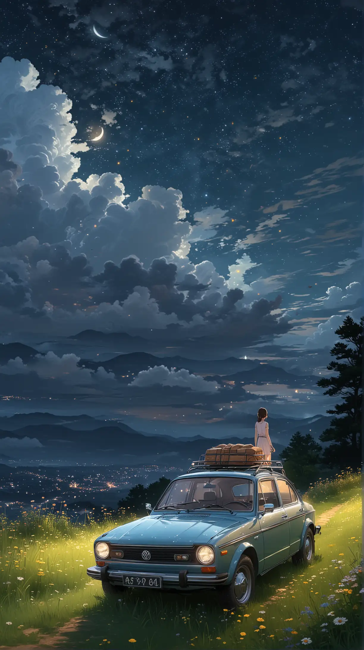  a boy and a girl standing on roof of one VW car parked on hill, under a majestic night dark sky and stars,  view of majestic fluffy cloud. 
, many beautiful fireflies fly on grass, vibrant of variant flowers meadow, fireflies fly on sky, ultra detailed, high resolution, best composition, illustration, acrylic palette knife, makoto shinkai style, Codex_401 style, mystical, Mystica_meta style, ghibli vibes, ultra detailed, render, stable diffusion, trending pixiv fanbox, --ar MJ V 6.0 , 

