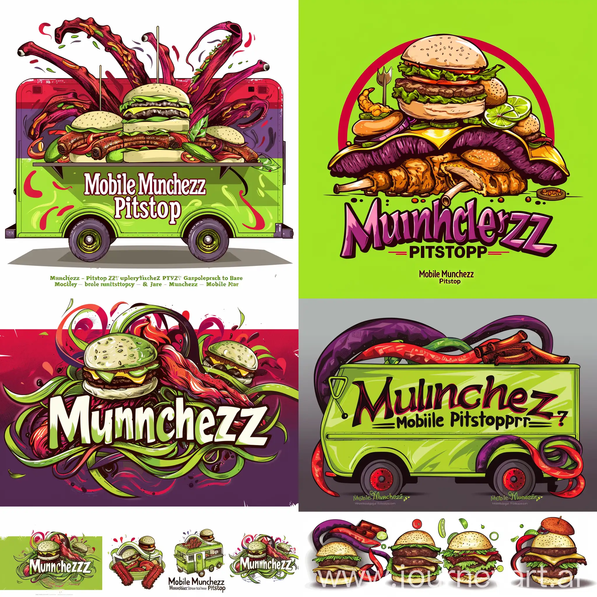  logo for “Mobile Munchezz Pitstop” food truck, featuring elements such as sandwiches, burgers, deep-fried ribs, global street food theme, fusion of assorted cuisines represented in an appetizing and humorous way, color scheme should include lime green, red, and purple, the design must be highly creative and embody the fusion street food concept