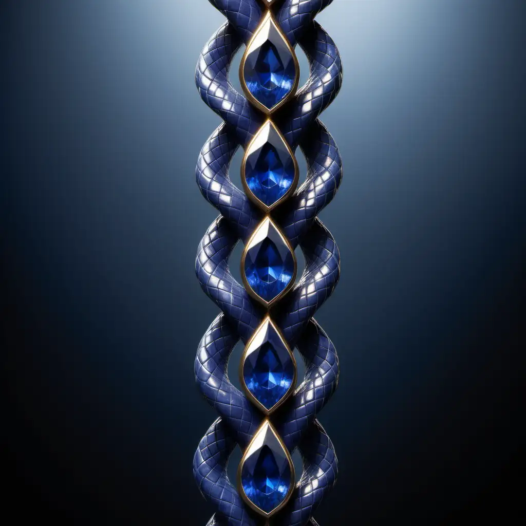 A vertical sapphire braid made of snakes that comes to a point at the bottom