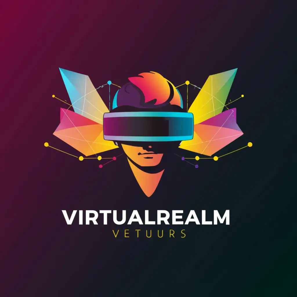 a logo design,with the text "VirtualRealm Ventures VirtualRealm Ventures", main symbol:The logo features a sleek, futuristic headset with vibrant colors emanating from the lenses, representing the immersive experience of virtual reality. Surrounding the headset are stylized geometric shapes, symbolizing the diverse range of virtual environments and games offered by your business. The company name, "VirtualRealm Ventures," is displayed below the headset in a modern font, with "Ventures" appearing in a slightly bolder style to emphasize innovation and exploration,Moderate,be used in Entertainment industry,clear background