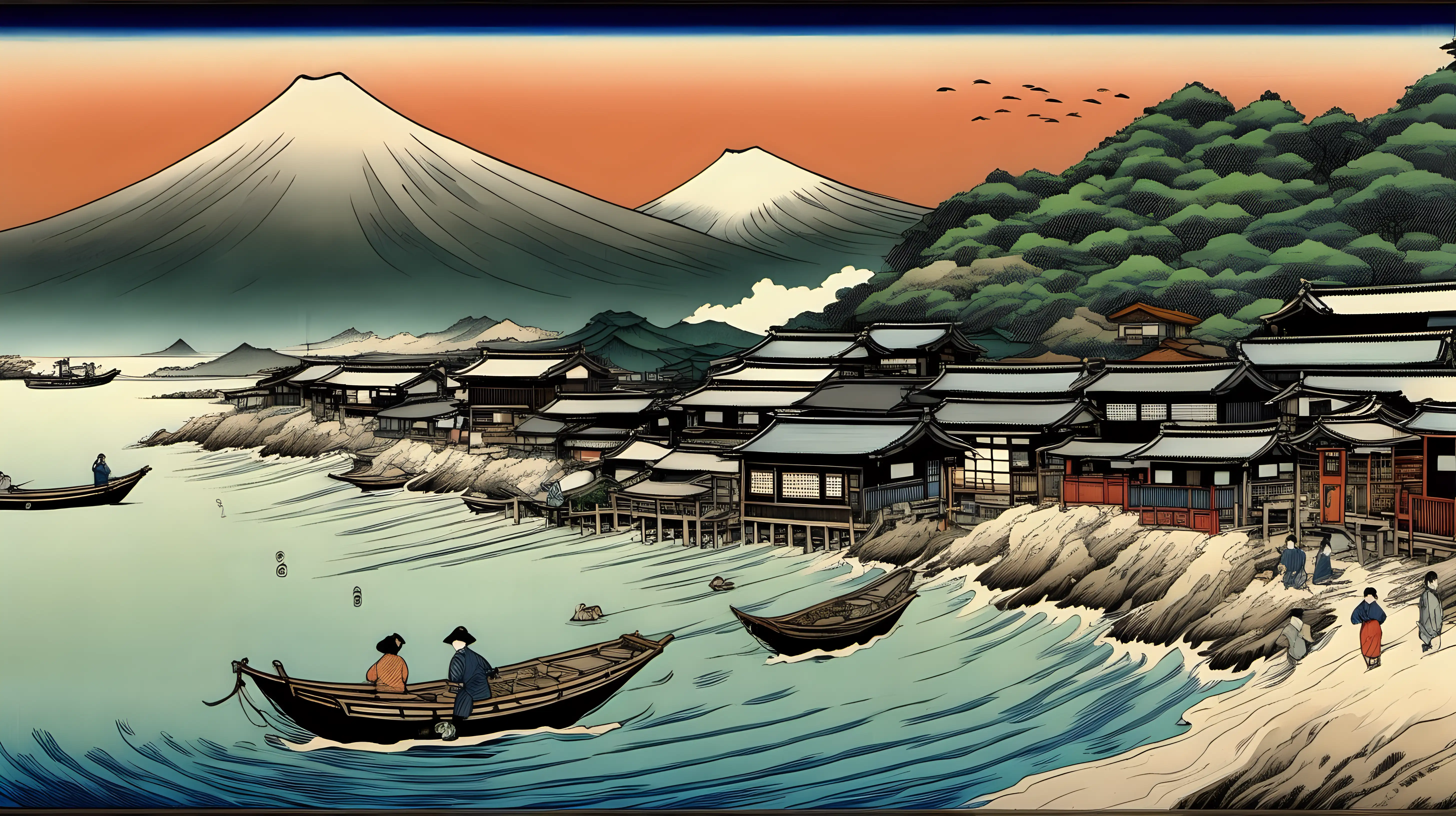 Ukiyo-e  Style painting of a fishing village by the sea. Detailed