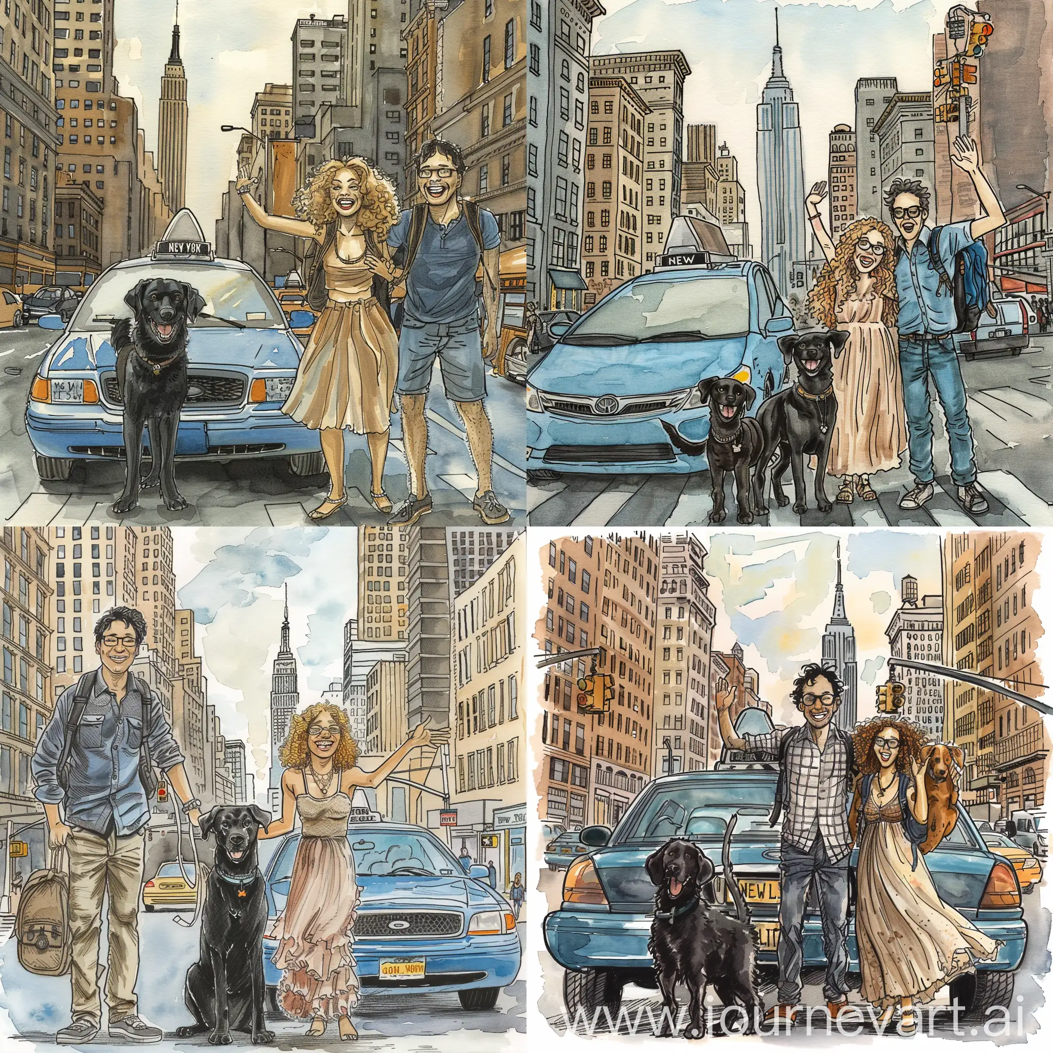 There is a young couple excited and  in love. they are standing on a busy city street next to a THEIR blue WV bus. with 2 medium sized adult Labradors. waving goodbye. GOOD BYE NEW YORK.   one dog is black lab mix chubby and longer longer collie hair. Second dog is more "dark chocolate brown lab" mix.  both dogs wear collars, remove leash! MAKE dogs free. MAKE THE SECOND DOG DARK BROWN NOW!  The man is handsome tall thin with ALL BLACK not brown hair and light beard and glasses. backpacks on. GIVE HIM BLACK HAIR!!!!  The women jewelry, has extremely longer curly blonde hair down to her waist, add some weight she's fat with glasses. the car has bags loaded on top, road trip.   background is new york city. tall buildings. skyscraper. ready for adventure. empire state building.  traffic.   watercolor. children's book. soft. artsy.  There is a couple excited and  in love. They are standing on a busy new york city street. in front of blue car.   one dog is black lab mix and longer collie hair. Second dog is darker chocolate brown spaniel lab mix. dogs are chocolate lab and black lab.   Remove dog leashes. take the leash off the dog now.   The man has black hair and light beard and glasses.  tall and thin. skinner but athletic. his shirt is solid not stripped. tall and handsome.  The woman has extremely longer curly blonde hair. make her hair down to her waist. hair longer. much longer. even longer hair.   Women beautiful. she's wearing a long flowing pretty  dress , and jewelry.    The background is showing new york city. Tall buildings. skyscraper. traffic lights.   the style is watercolor. children's book. soft. artsy.