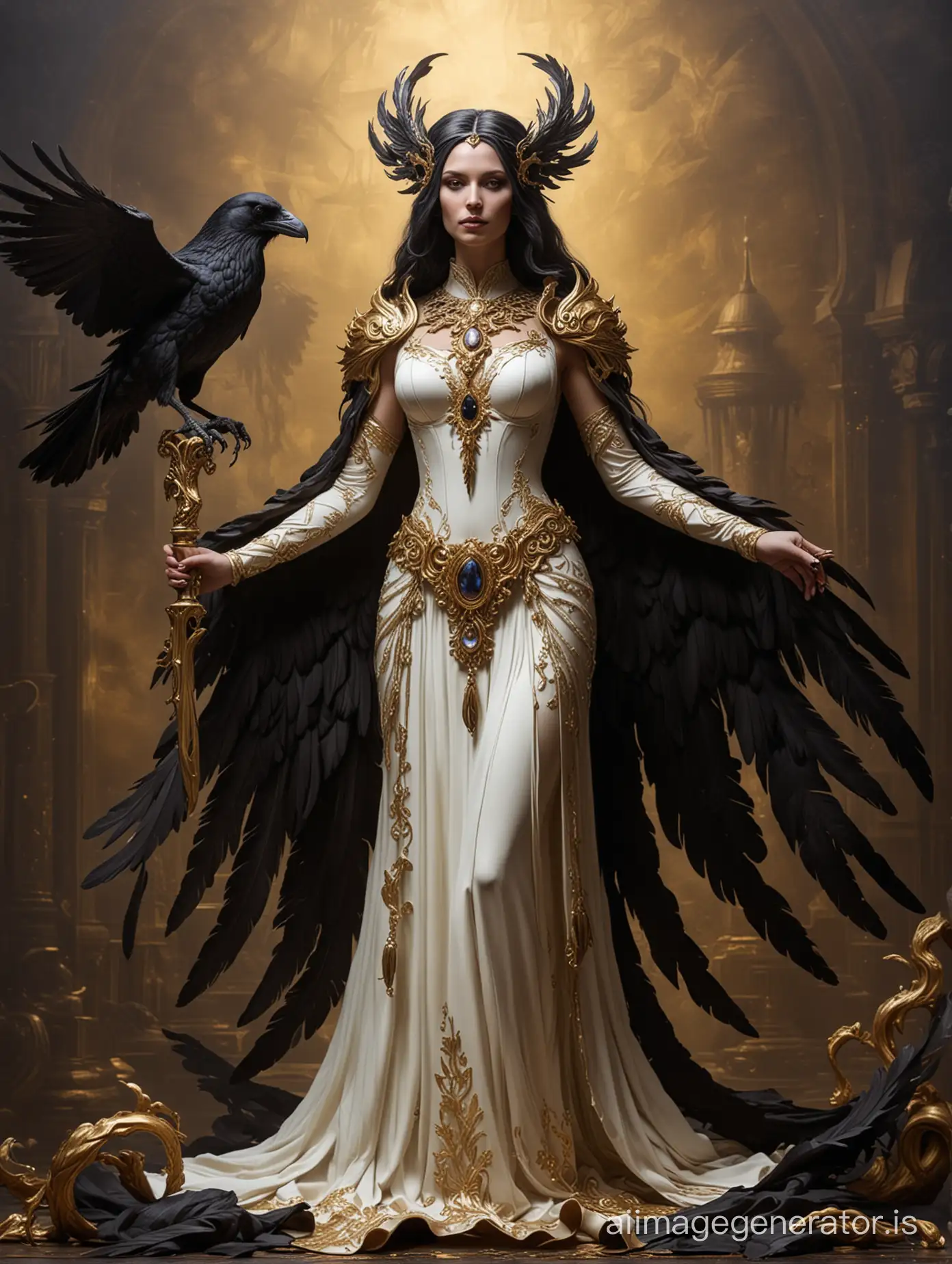 Mythological Raven queen shadowy white-hot gold figure. shadowfel background