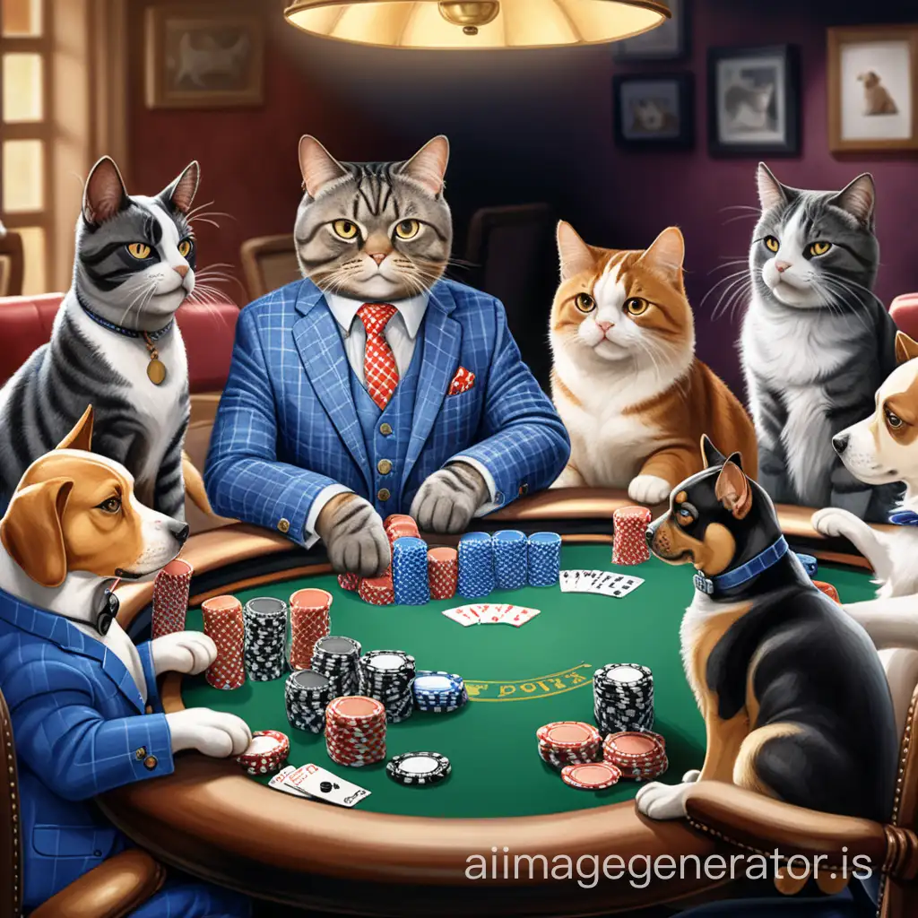 The tabby cat, gray-brown, dressed in a checkered blue suit, plays poker with dogs of various breeds dressed in different classic suits, there are many chips on the poker table,