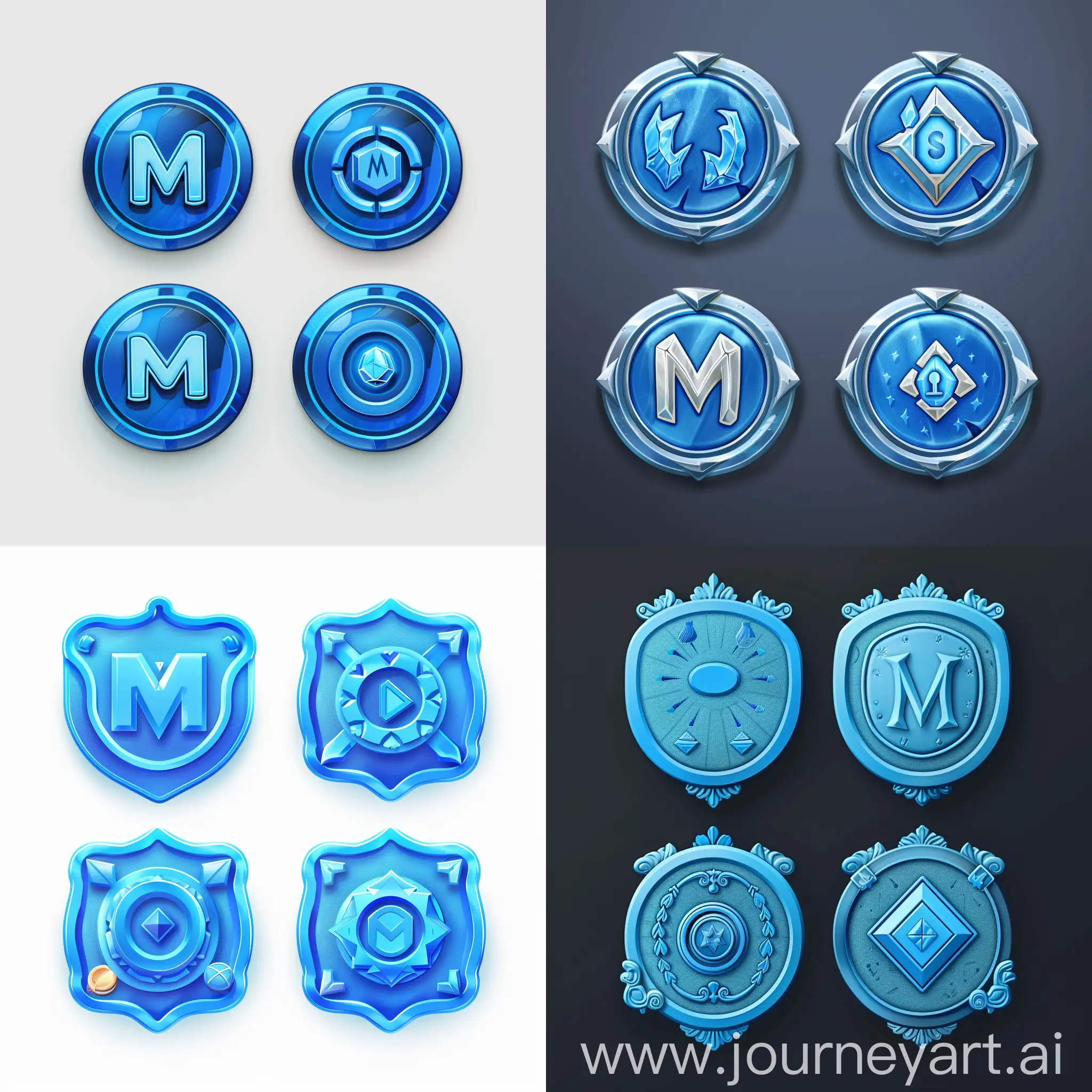 Four different badges should be designed, each with a blue color and a central letter "M". Each badge should serve a different function. The first badge should be empty, while the others should have increasing symbols